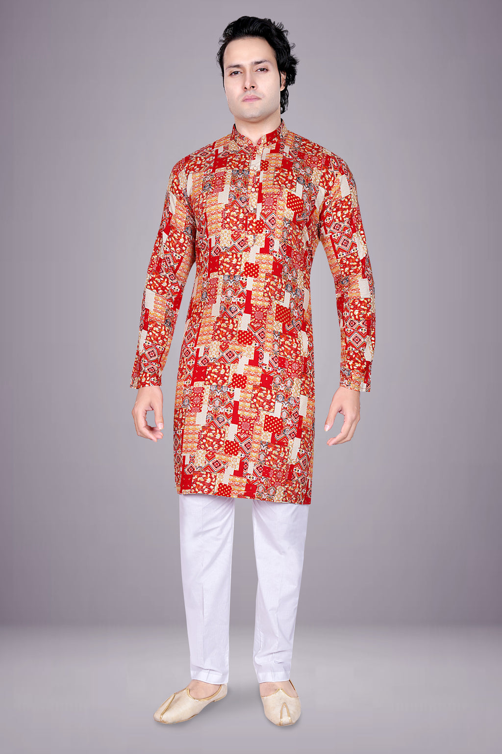"Red & Beige Patchwork Printed Cotton Kurta for Men - Festive Wear"