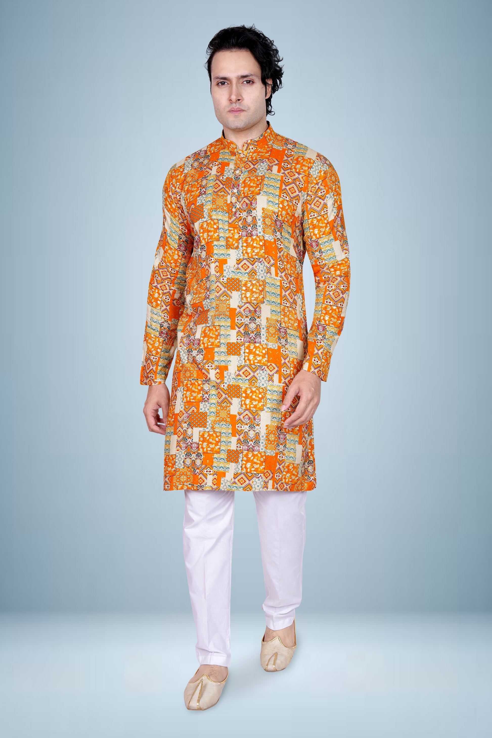 "Orange Multicolor Patchwork Rayon Print Kurta for Men - Navratri Special"