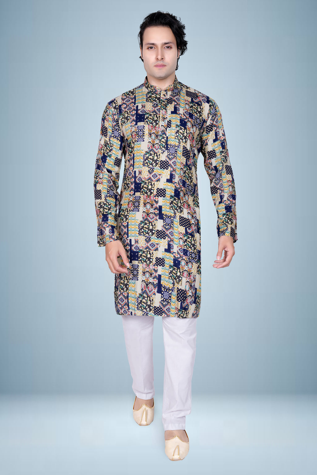 "Navy Blue &  Cream Patch Print Kurta for Men - Diwali Kurta"