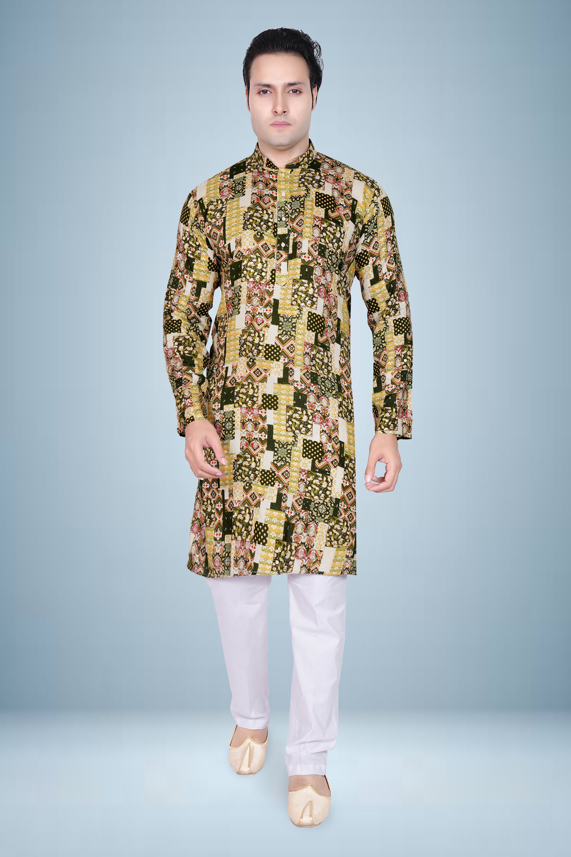 "Olive Green Ethnic Patchwork Print Kurta for Men - Ganesh Chaturthi Wear"