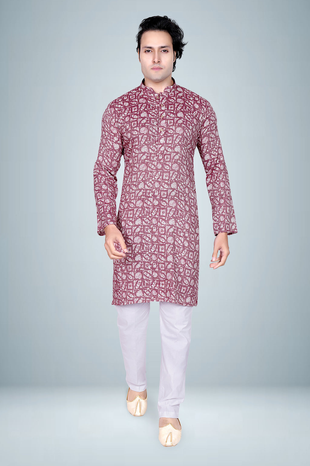 "Men's Batik Print Kurta - Rani Wine"