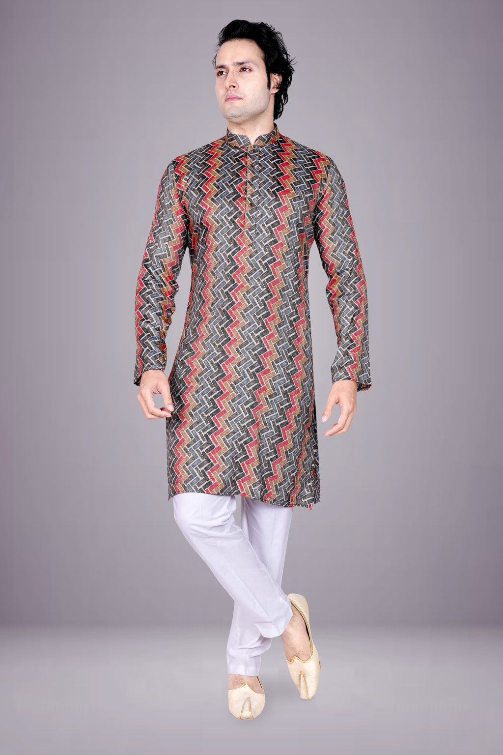 "Basketweave Geometric Print Kurta - Multicolor Patterned Casual Wear"