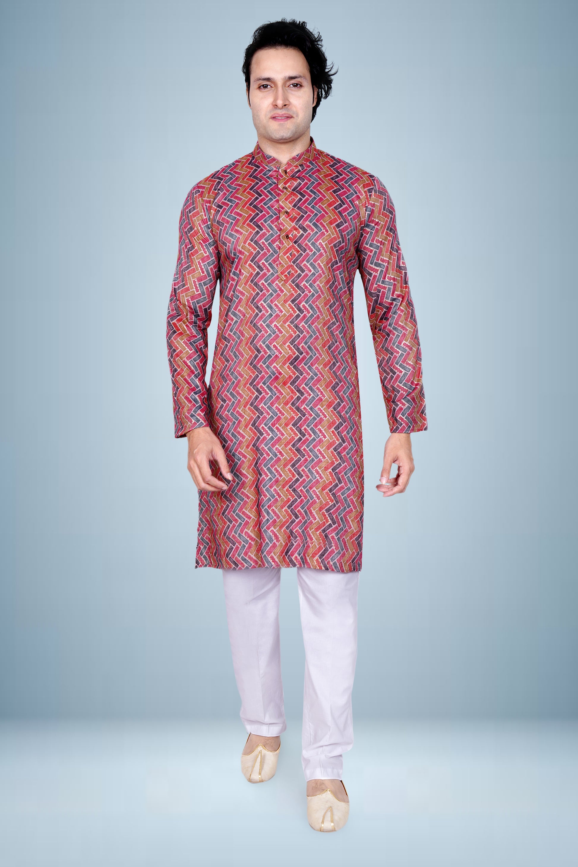 "Men's Interlocking Rectangle Print kurta - Vibrant Basketweave Pattern Top"