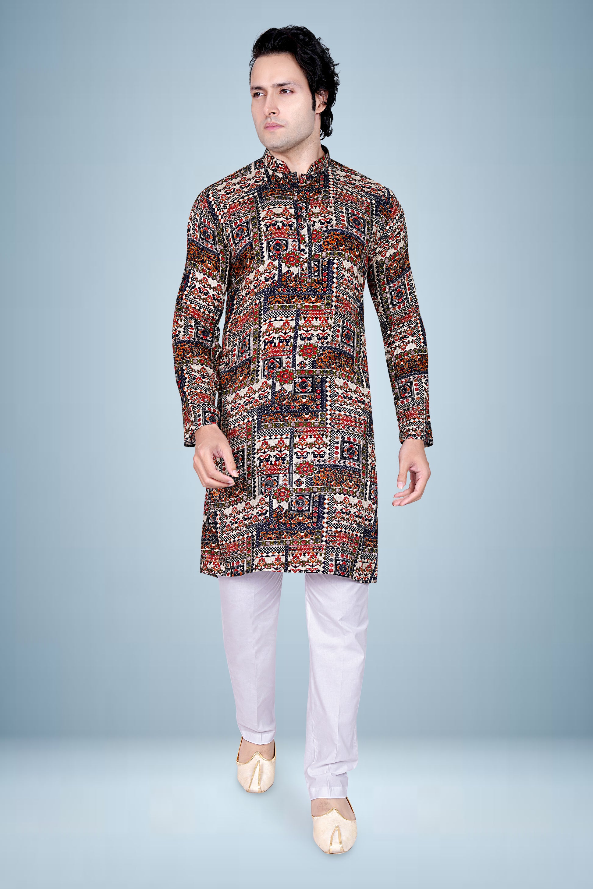 "Men's Multicolor Patchwork Print Kurta - Festive & Traditional Indian Ethnic Wear"