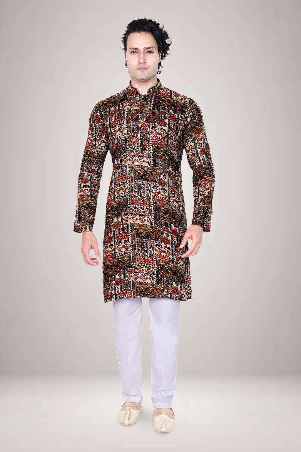 "Designer Ethnic Printed Kurta for Men - Vibrant Patchwork Festival Kurta"