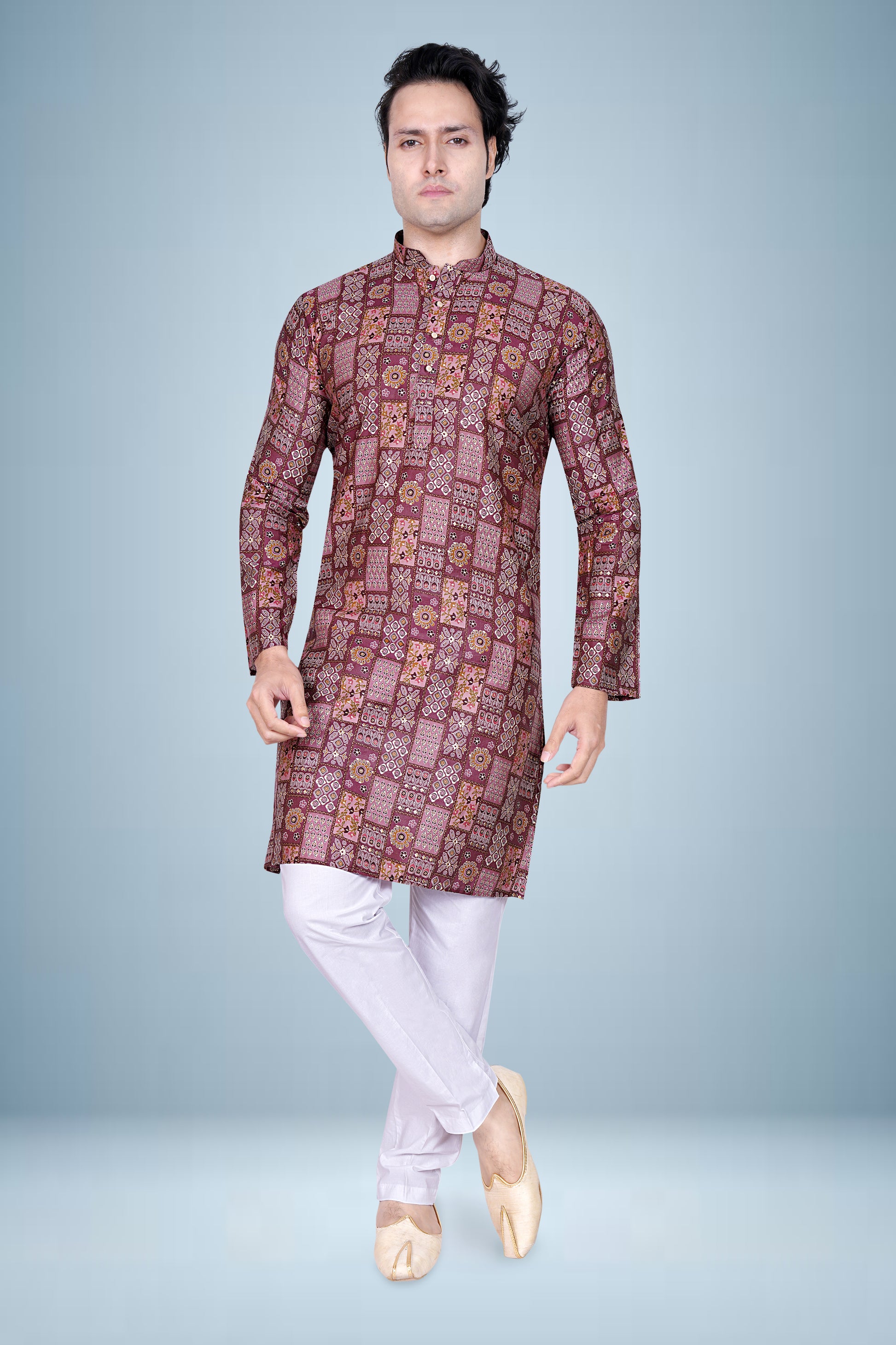 "Traditional Men's Maroon Printed Kurta with White Pajama - Festive & Ethnic Wear"