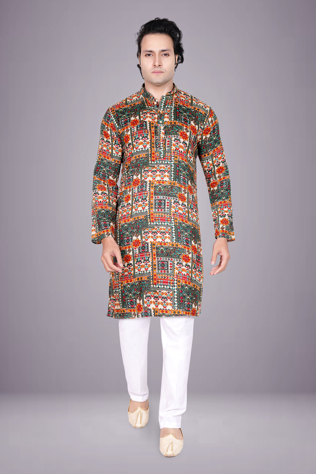 "Men's printed Long Kurta - Geometric Multicolor & Floral Patchwork Design"