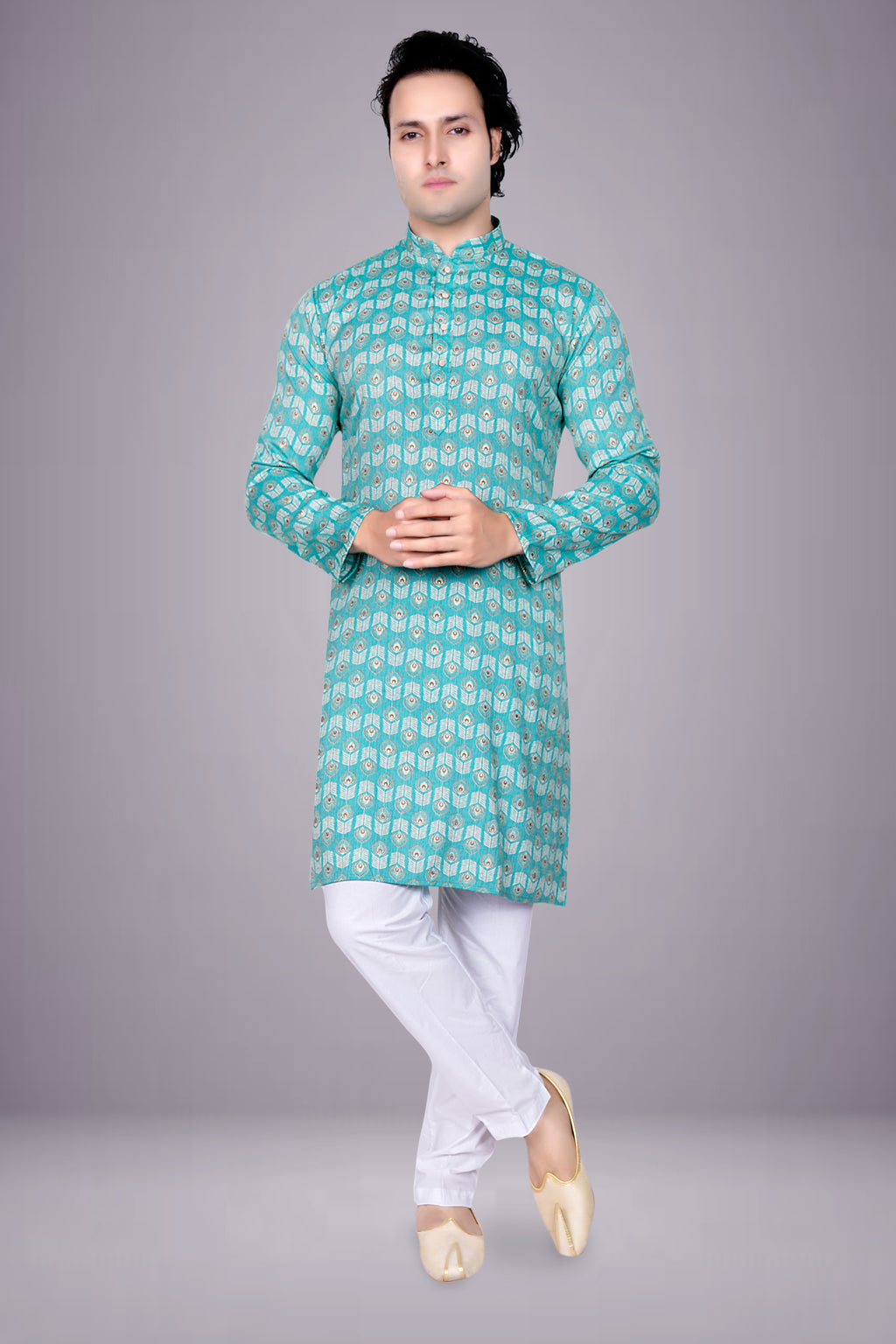 "Heritage & Comfort Blend Ethnic - Inspired Peacock Wings Print Kurta"