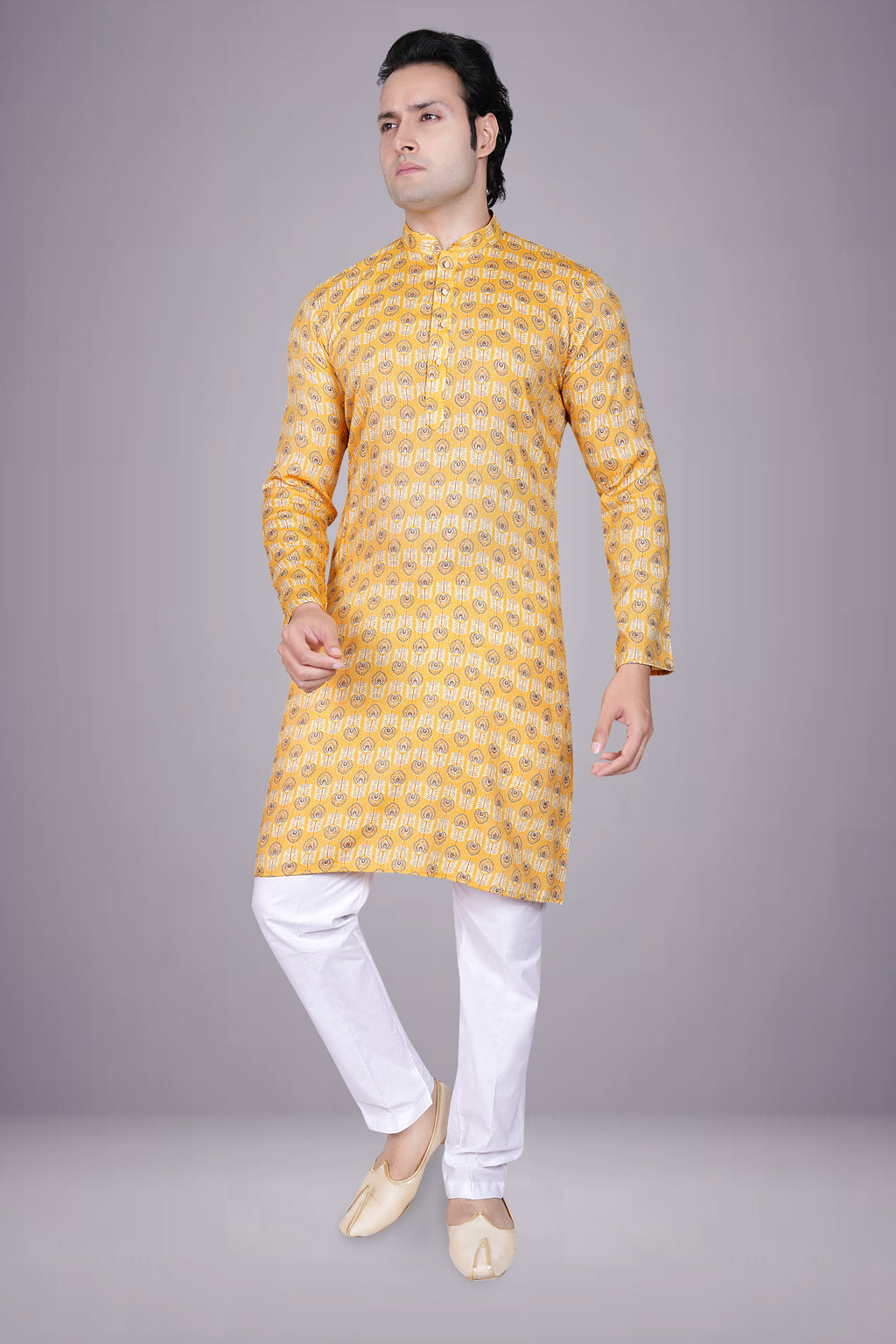 "Men's Yellow Cotton Kurta with Mor Pankh Print"