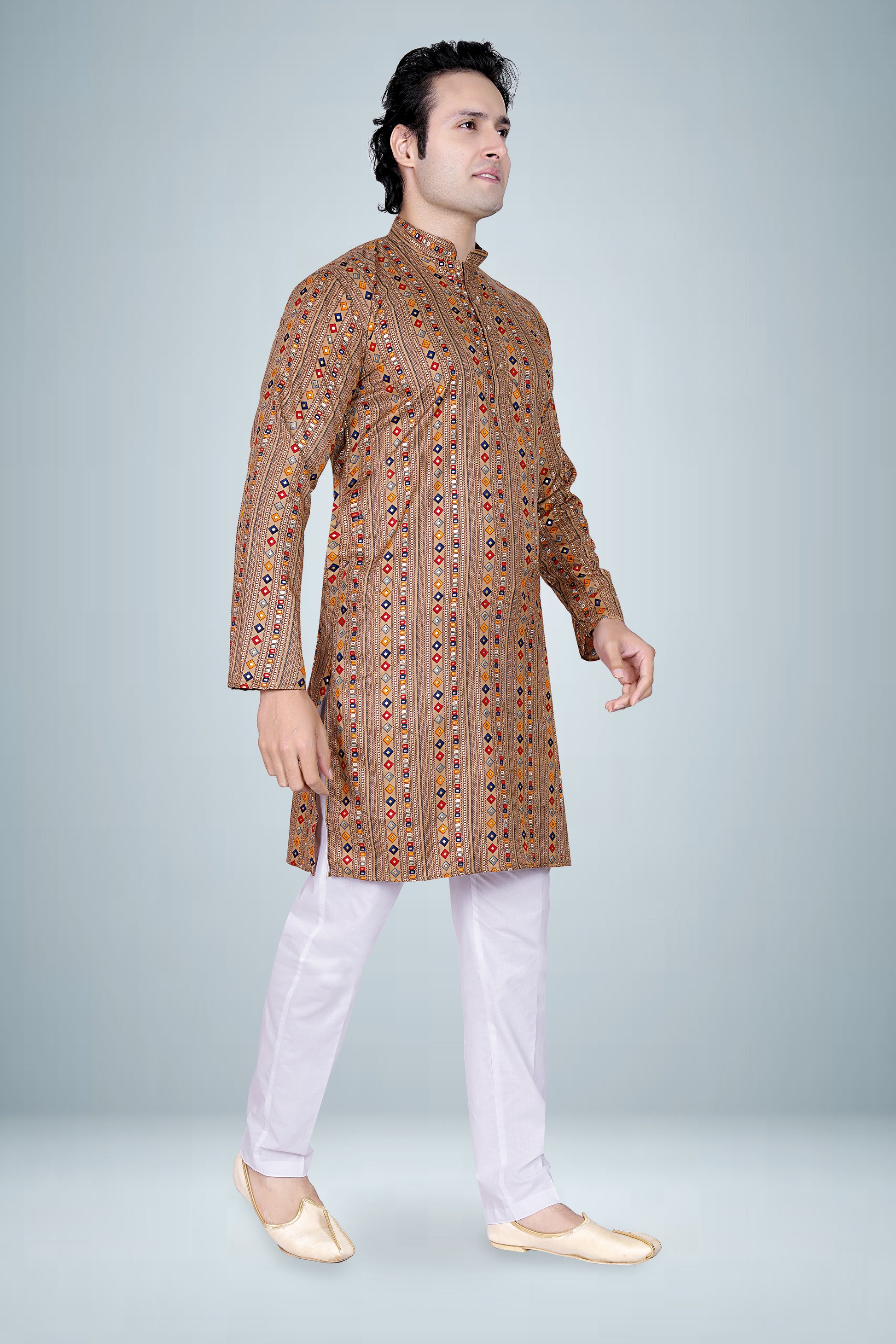 "Earthy Geometric Print Cotton Kurta for Men - Festive & Daily Wear"