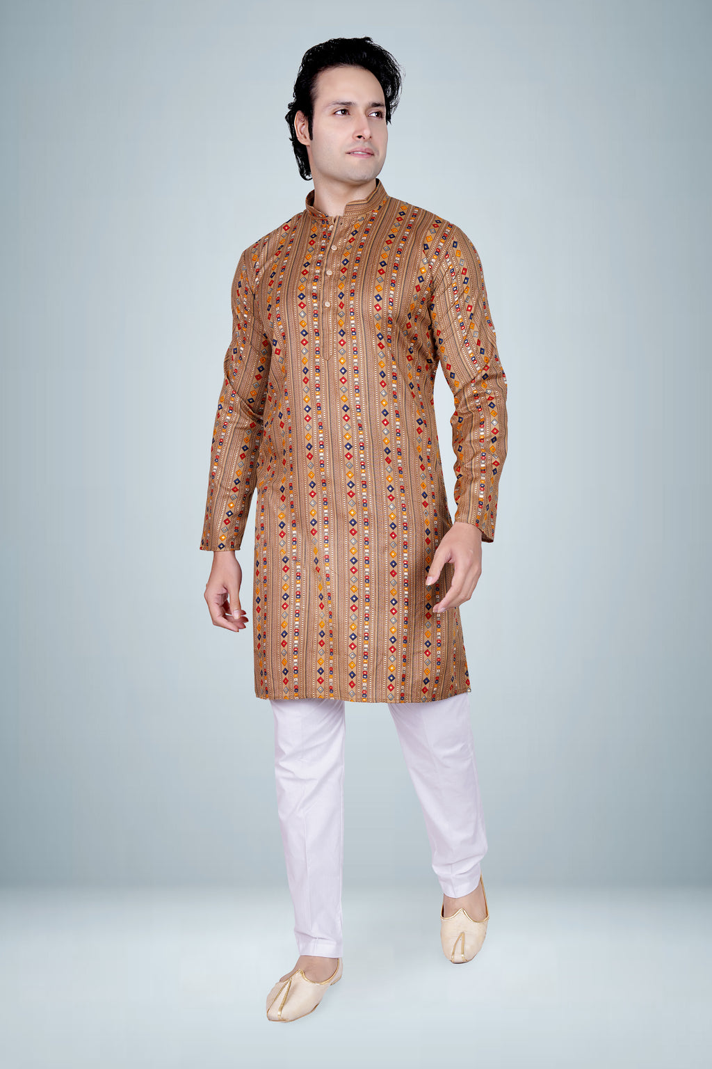 "Earthy Geometric Print Cotton Kurta for Men - Festive & Daily Wear"