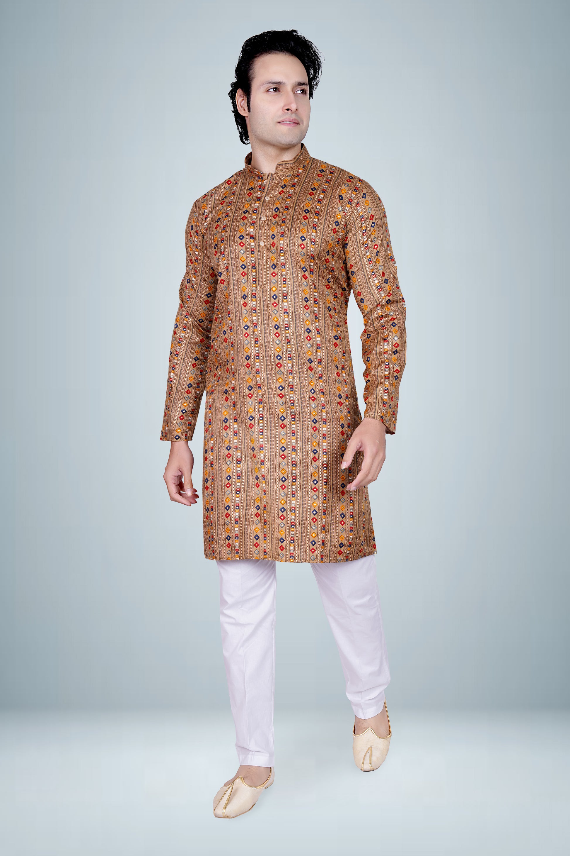 "Earthy Geometric Print Cotton Kurta for Men - Festive & Daily Wear"