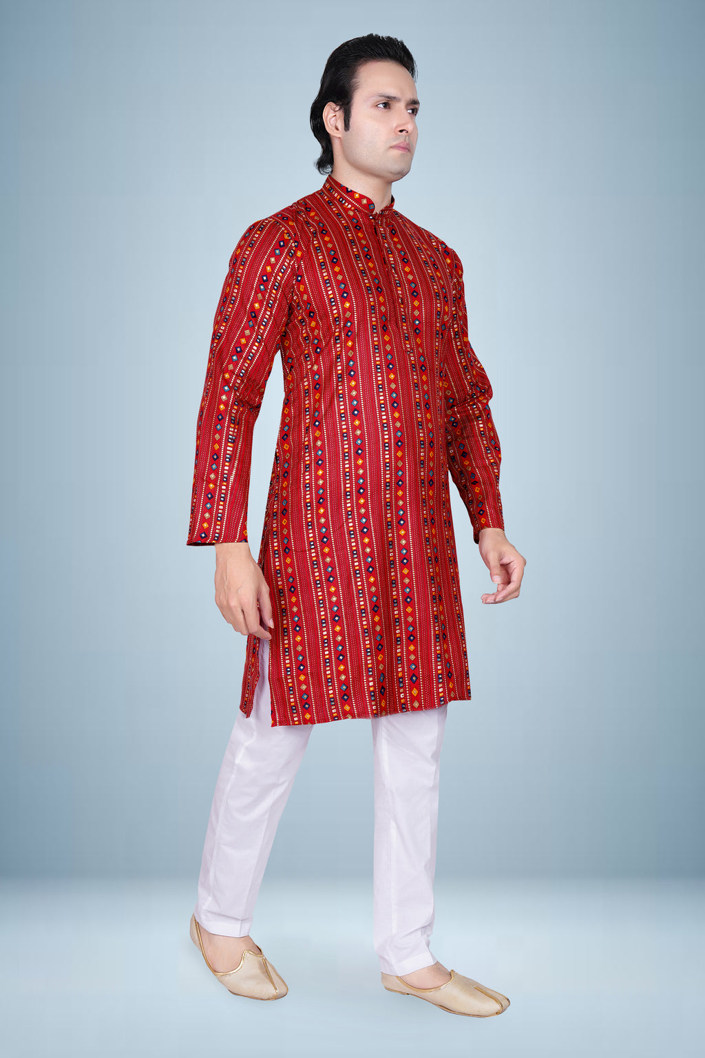 "Men's Printed Kurta in Multicolor Diamond Stripe - Cotton Comfort"