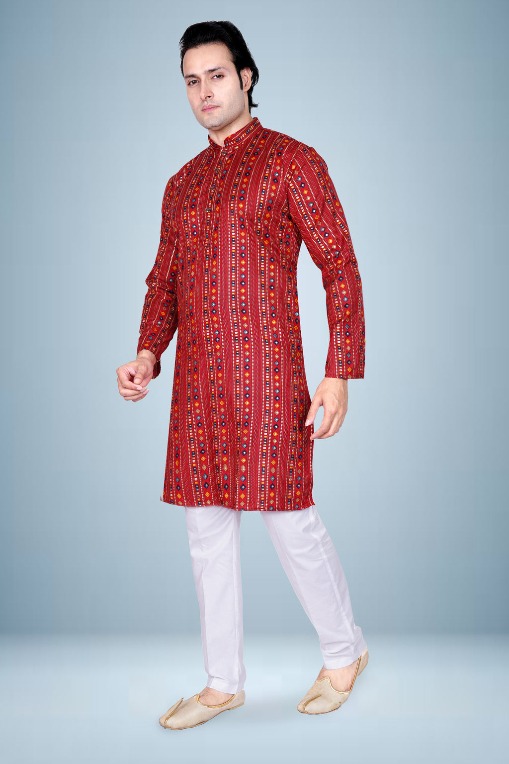 "Men's Printed Kurta in Multicolor Diamond Stripe - Cotton Comfort"