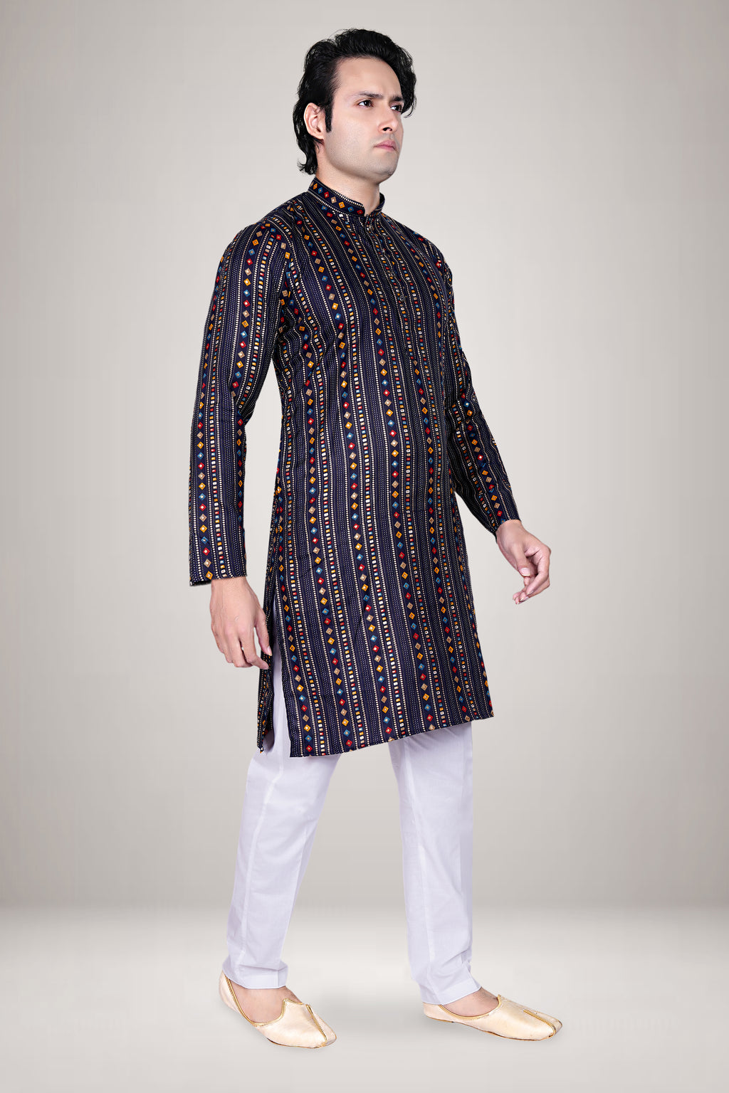 "Men's Navy Blue Kurta with Multicolor Geometric Print - Festive Wear"