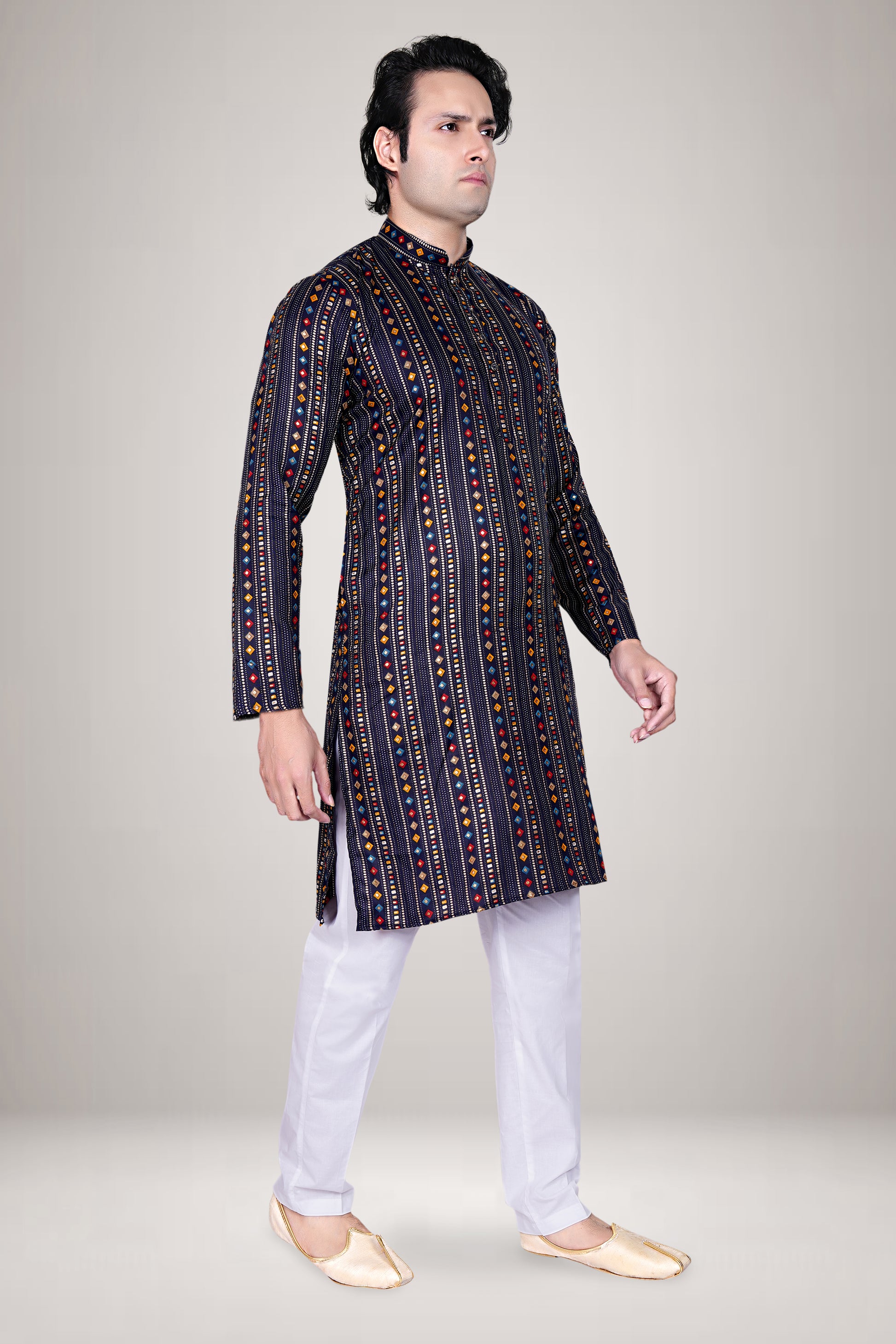 "Men's Navy Blue Kurta with Multicolor Geometric Print - Festive Wear"