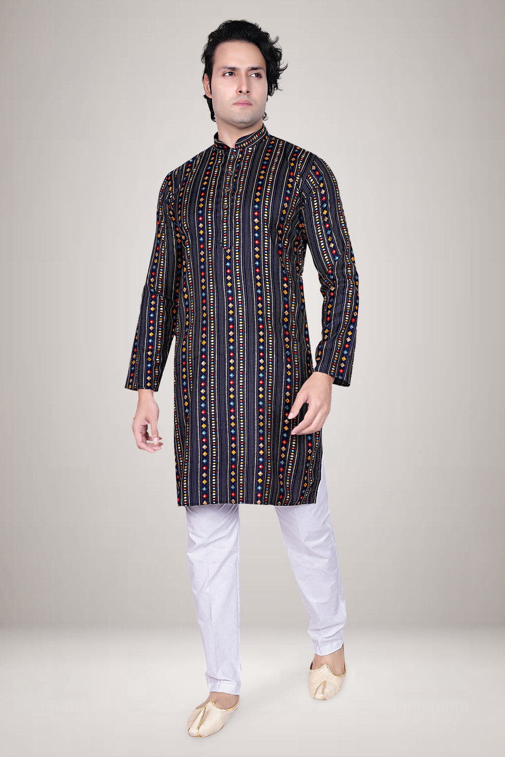 "Men's Navy Blue Kurta with Multicolor Geometric Print - Festive Wear"