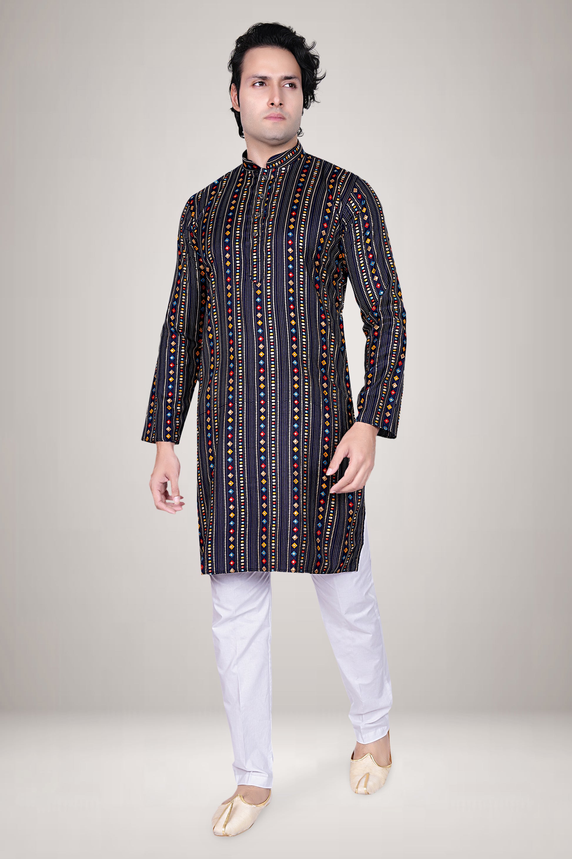 "Men's Navy Blue Kurta with Multicolor Geometric Print - Festive Wear"