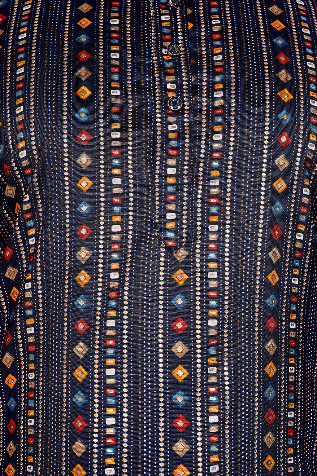 "Men's Navy Blue Kurta with Multicolor Geometric Print - Festive Wear"