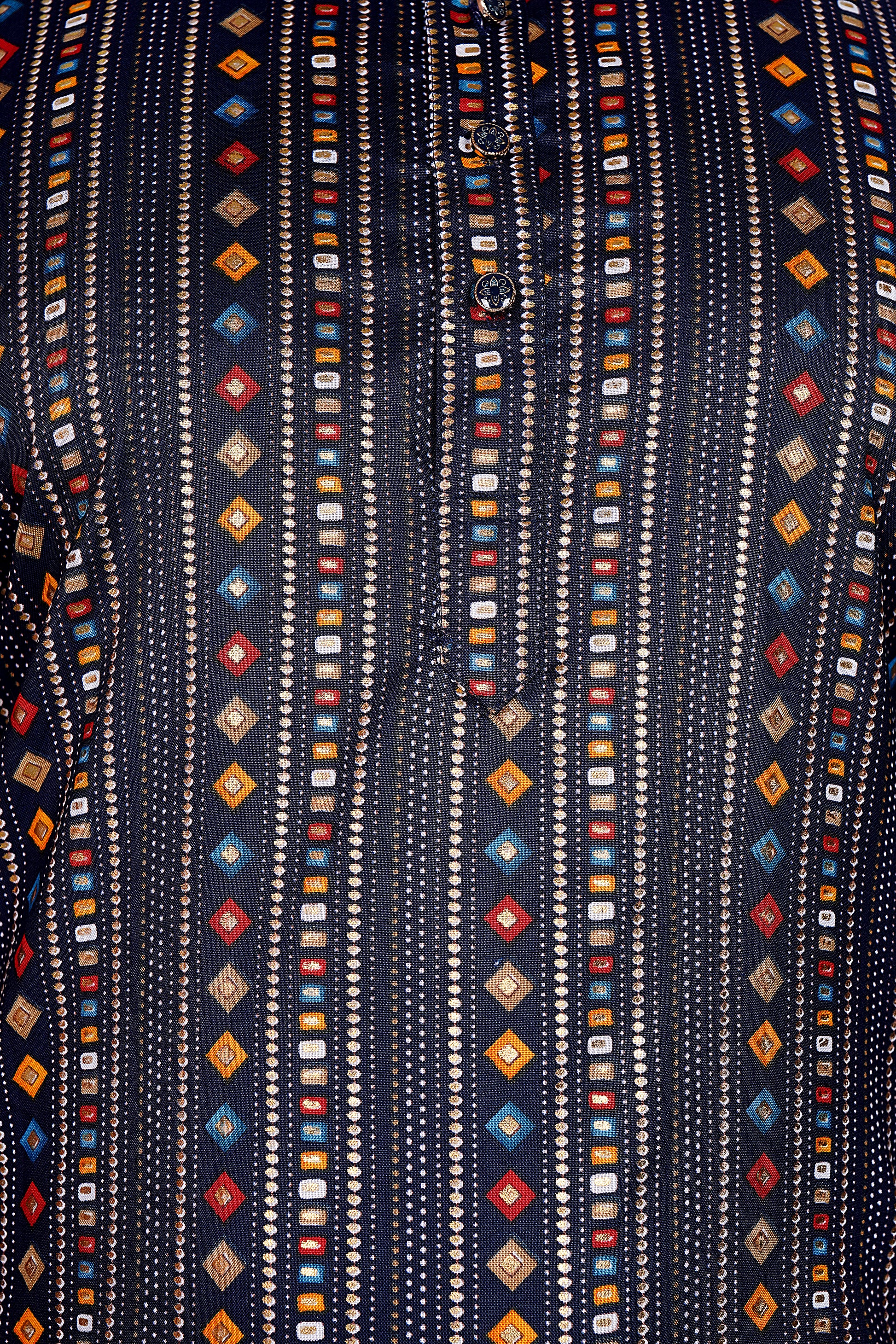 "Men's Navy Blue Kurta with Multicolor Geometric Print - Festive Wear"