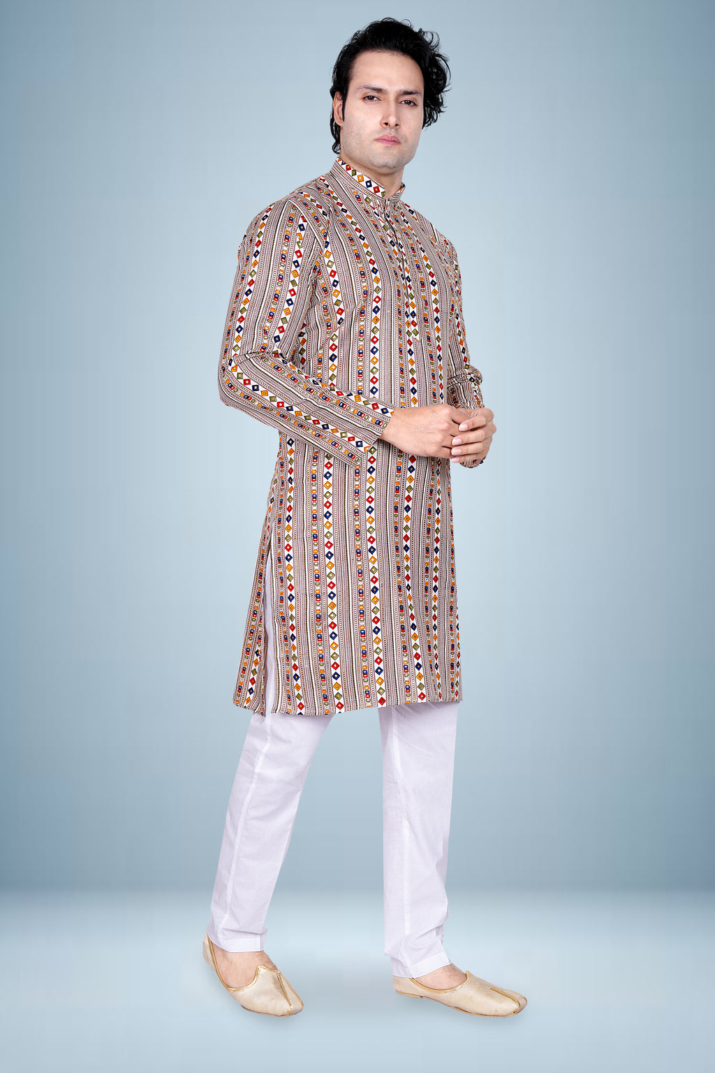 "Ikkat Inspired Geometric Print Kurta for Men's"