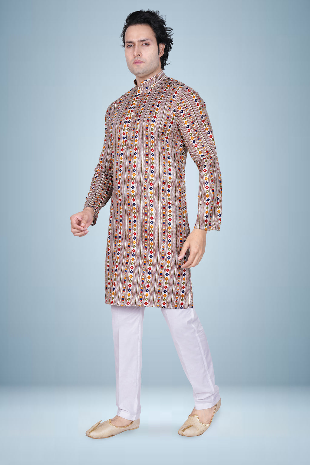 "Ikkat Inspired Geometric Print Kurta for Men's"