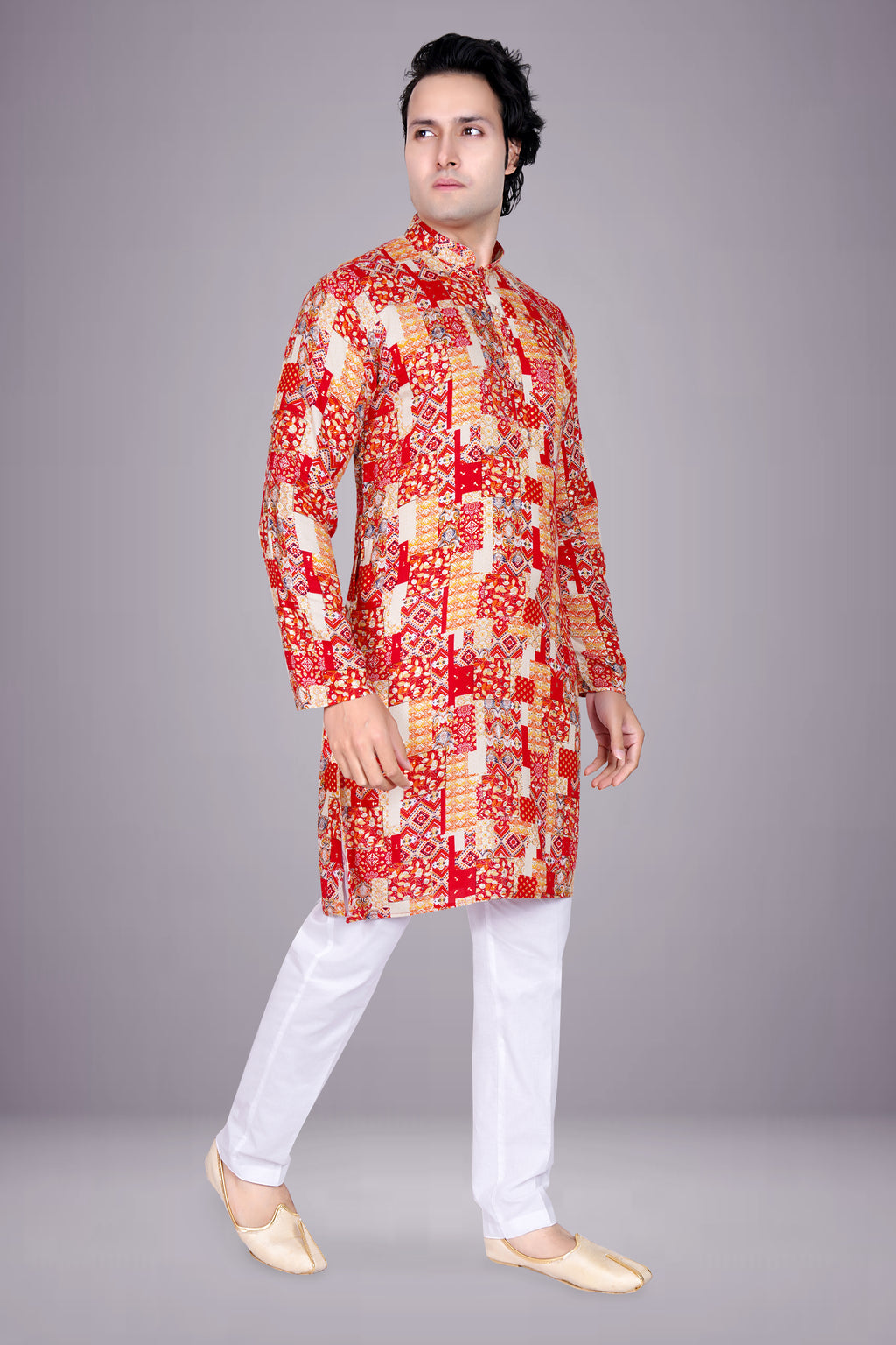 "Red & Beige Patchwork Printed Cotton Kurta for Men - Festive Wear"