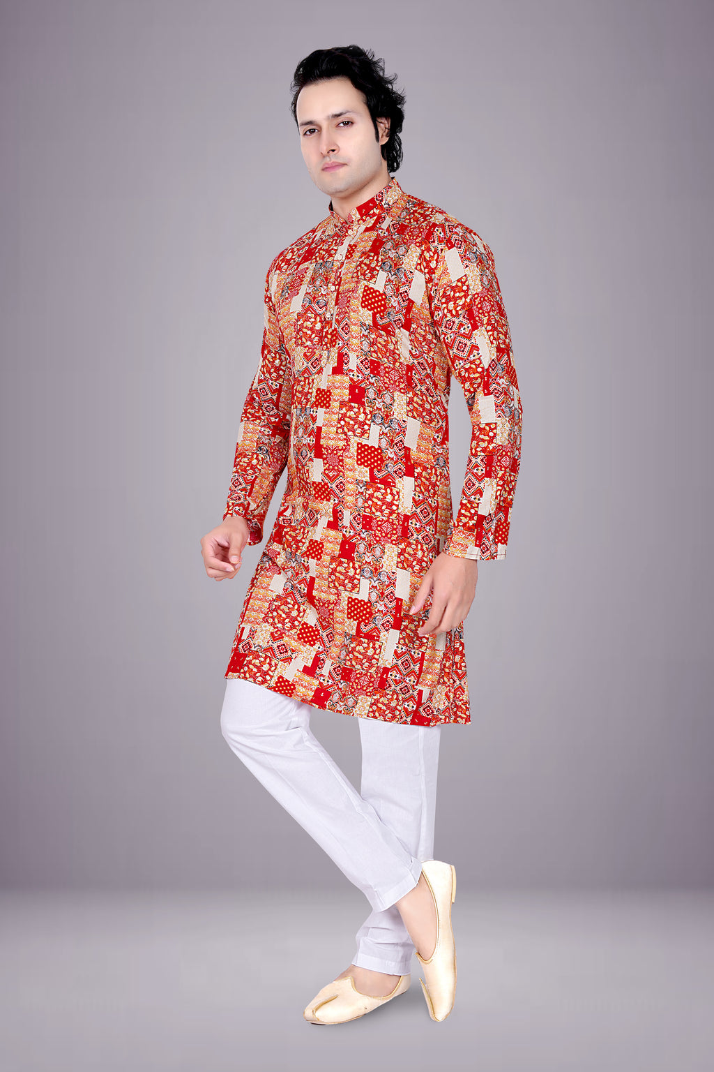 "Red & Beige Patchwork Printed Cotton Kurta for Men - Festive Wear"