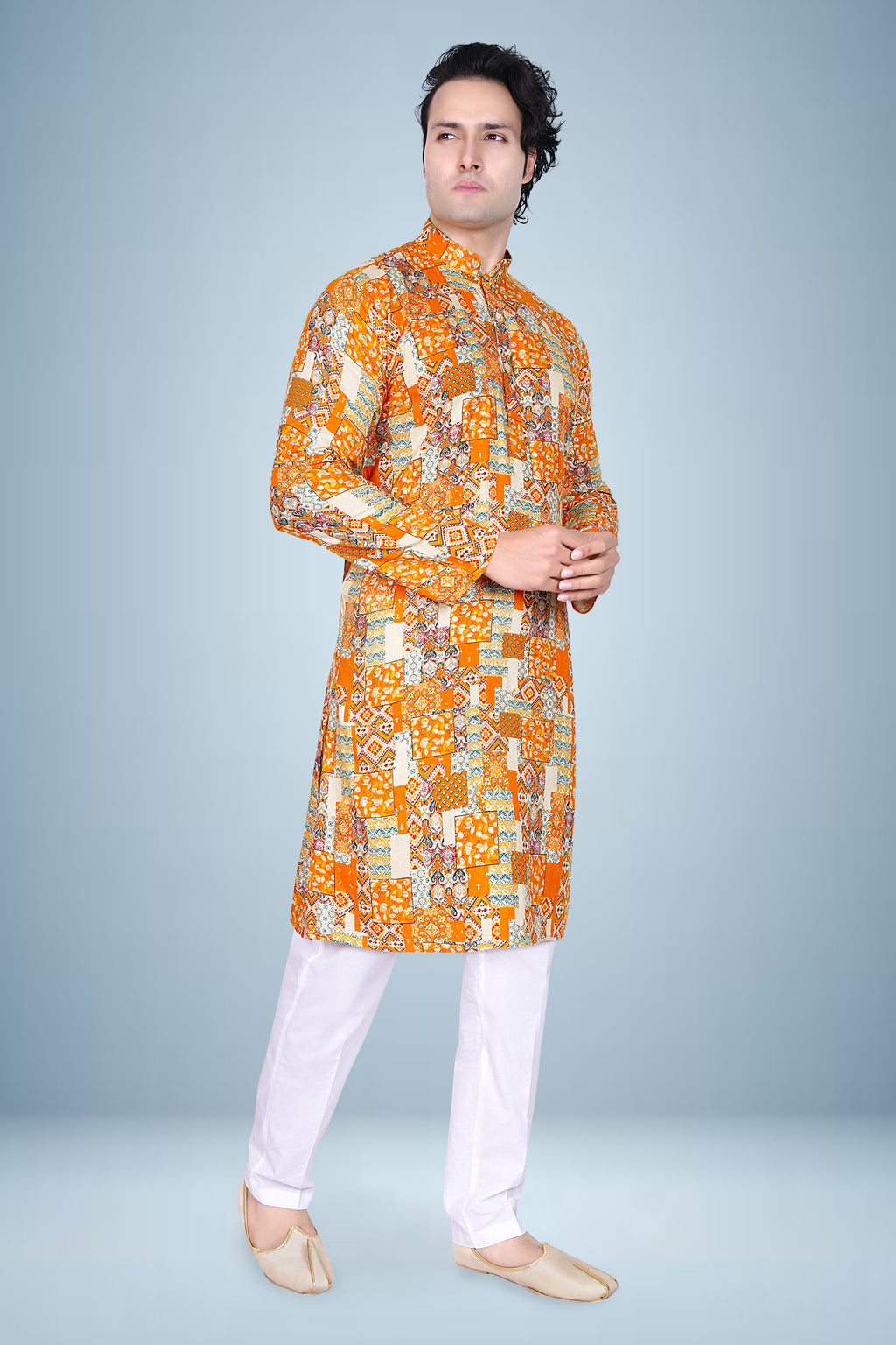 "Orange Multicolor Patchwork Rayon Print Kurta for Men - Navratri Special"