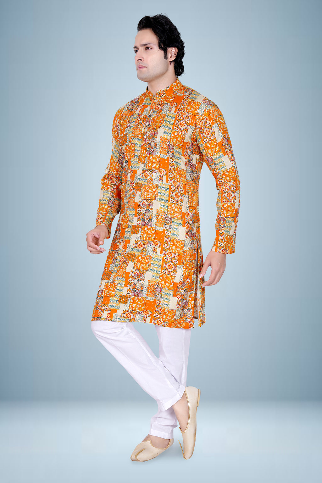 "Orange Multicolor Patchwork Rayon Print Kurta for Men - Navratri Special"