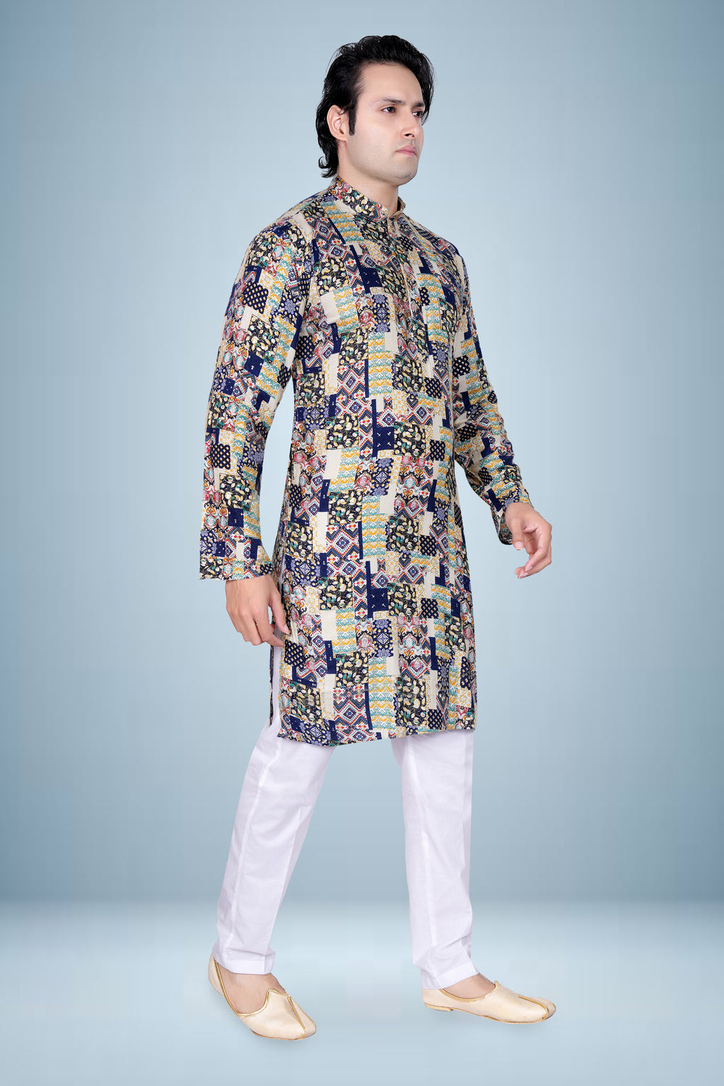 "Navy Blue &  Cream Patch Print Kurta for Men - Diwali Kurta"