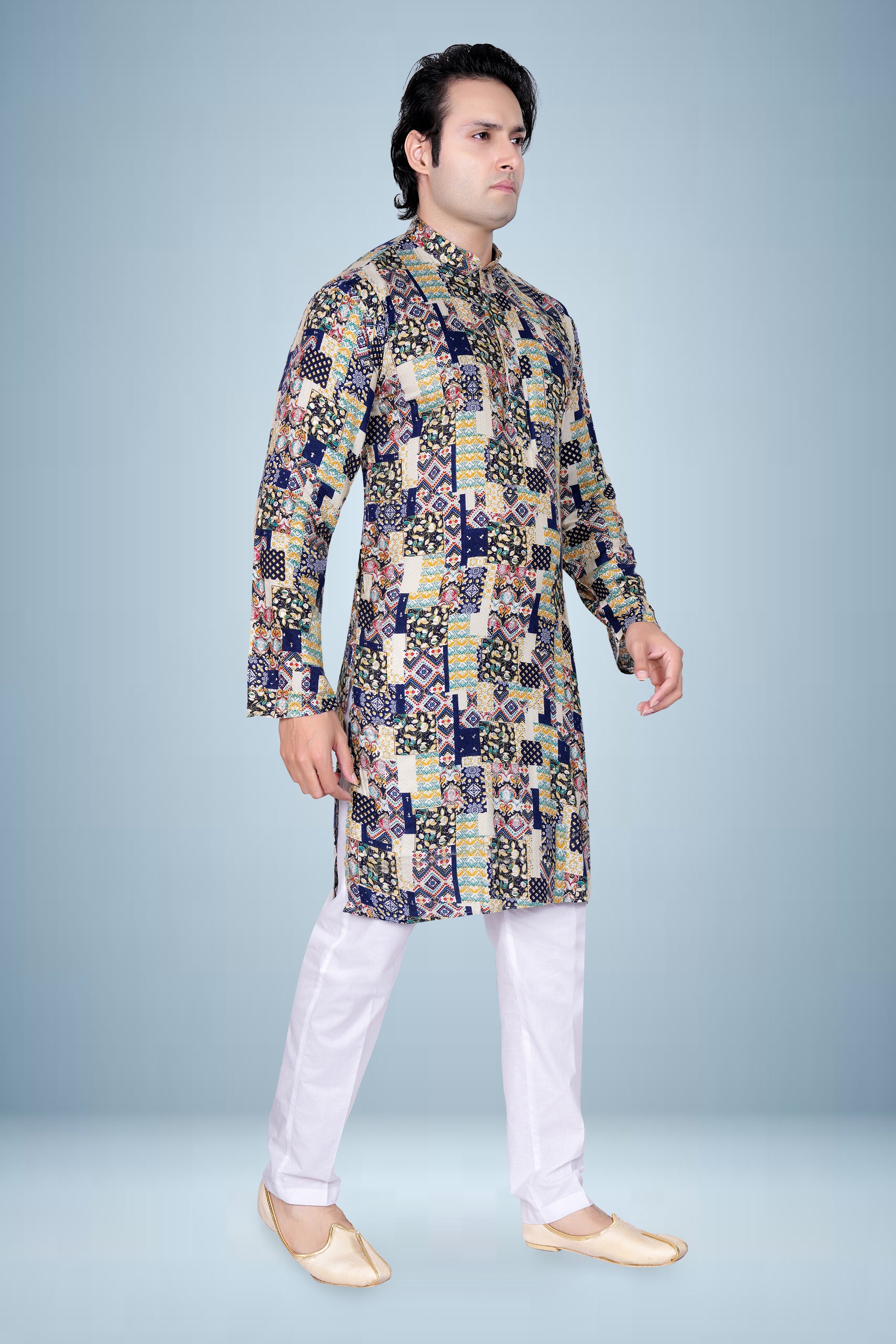 "Navy Blue &  Cream Patch Print Kurta for Men - Diwali Kurta"