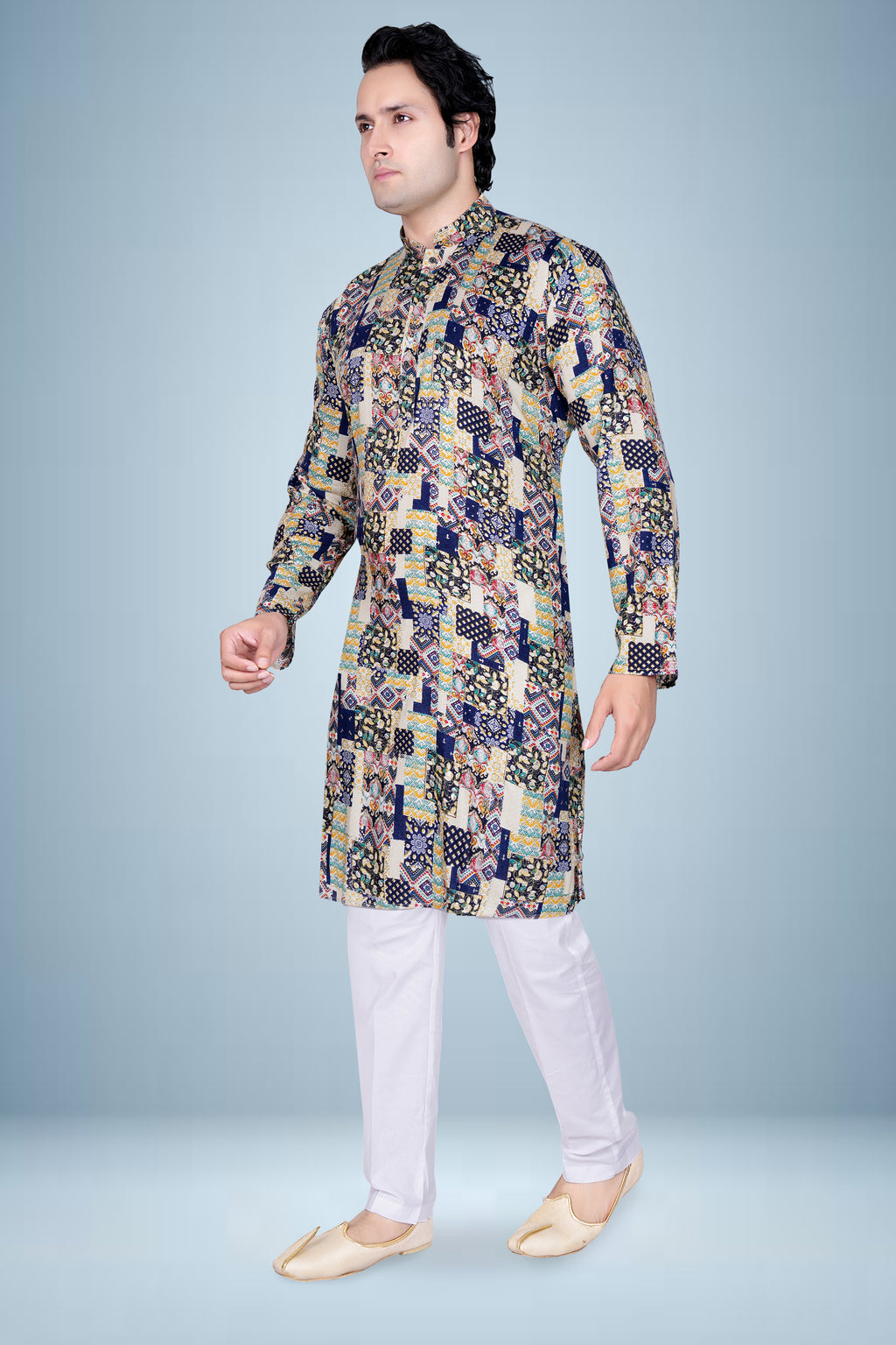 "Navy Blue &  Cream Patch Print Kurta for Men - Diwali Kurta"