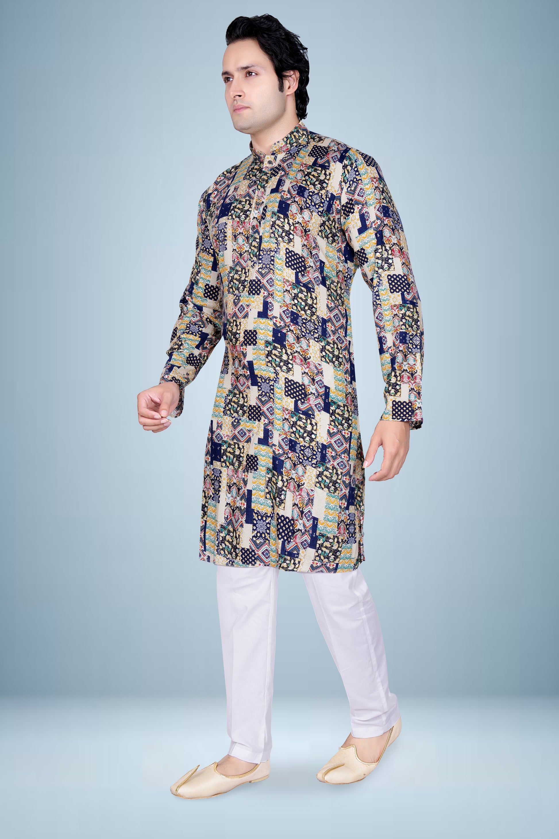 "Navy Blue &  Cream Patch Print Kurta for Men - Diwali Kurta"