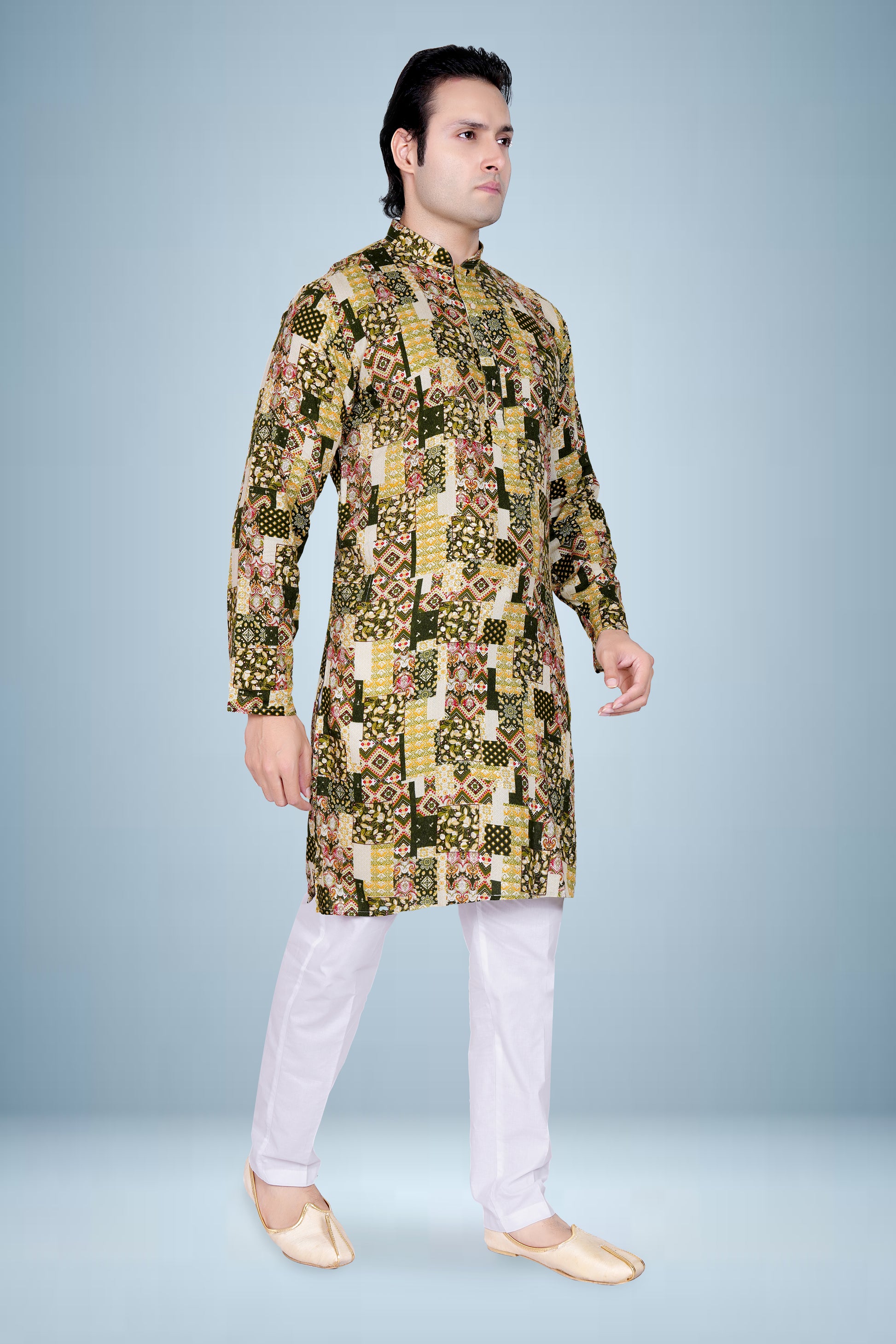 "Olive Green Ethnic Patchwork Print Kurta for Men - Ganesh Chaturthi Wear"