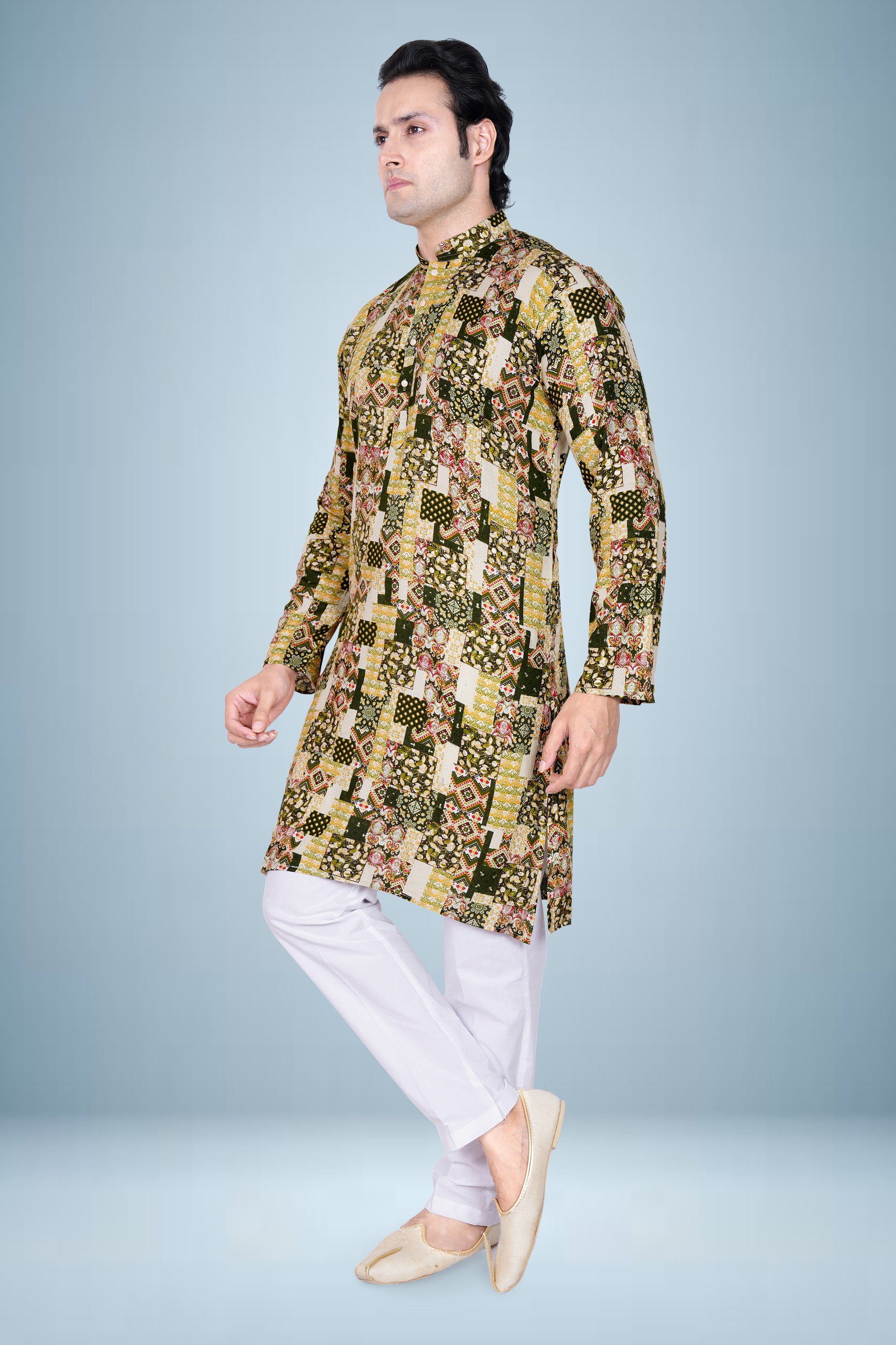 "Olive Green Ethnic Patchwork Print Kurta for Men - Ganesh Chaturthi Wear"