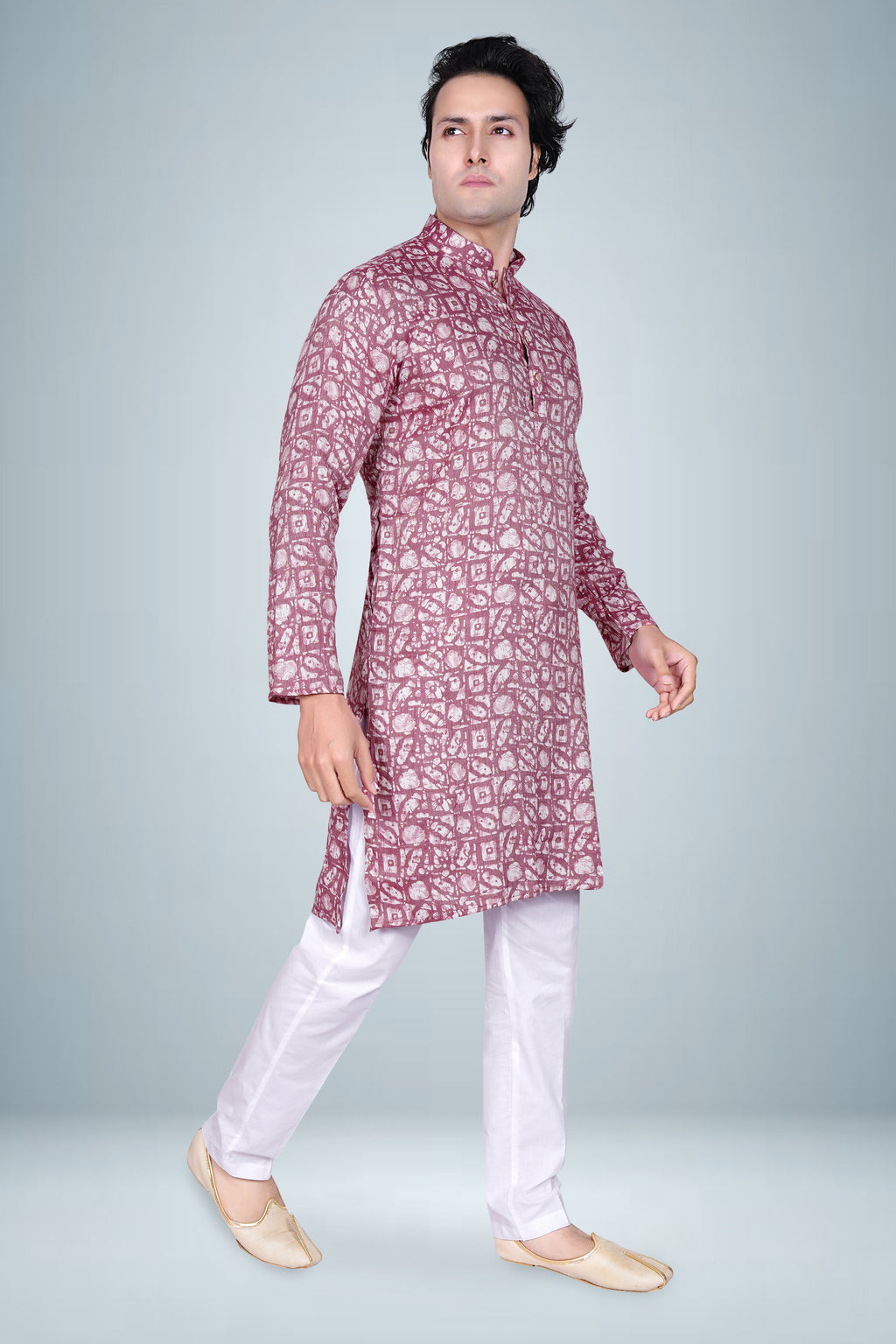"Men's Batik Print Kurta - Rani Wine"