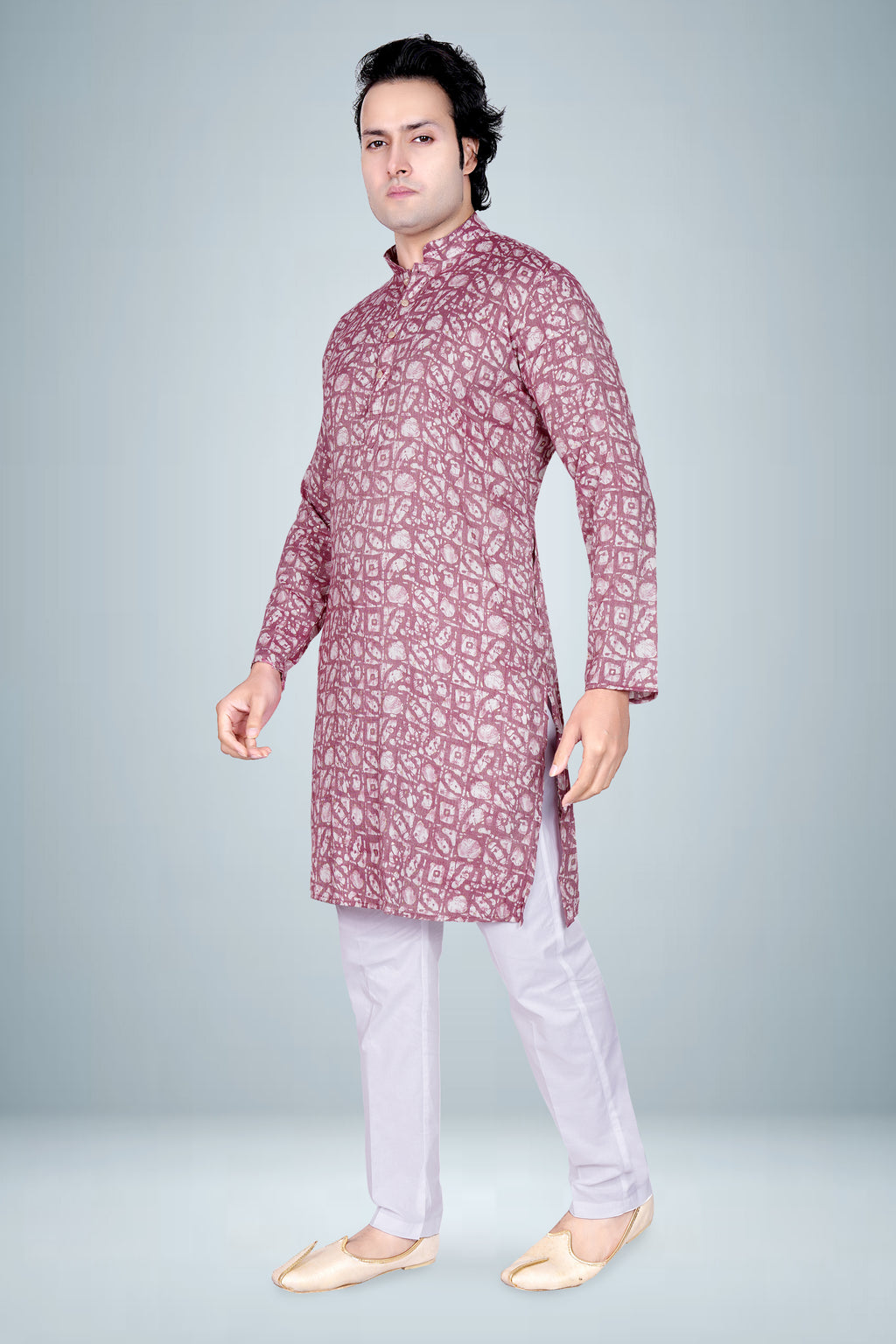 "Men's Batik Print Kurta - Rani Wine"