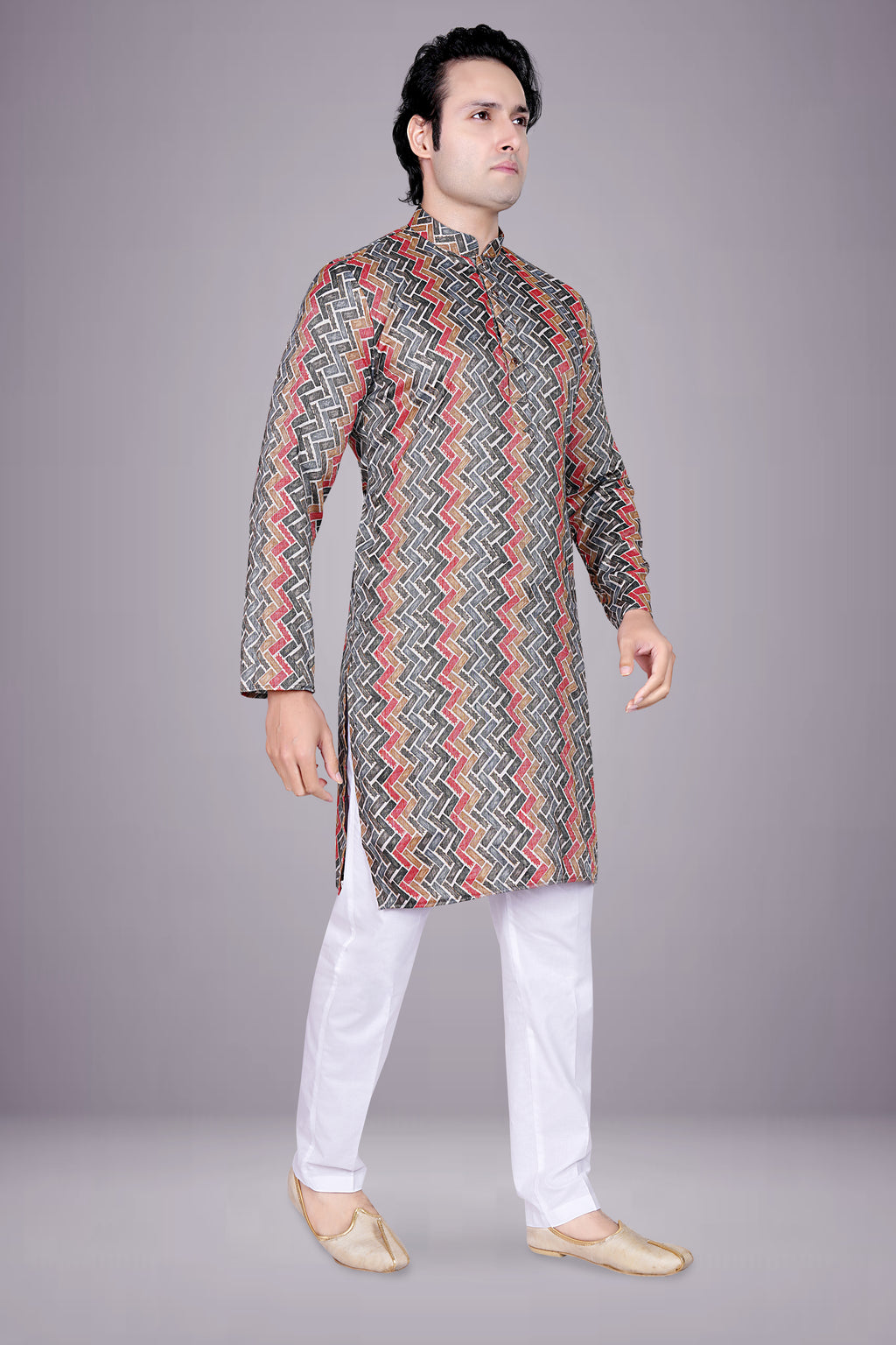 "Basketweave Geometric Print Kurta - Multicolor Patterned Casual Wear"
