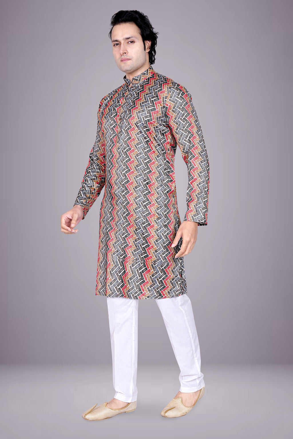 "Basketweave Geometric Print Kurta - Multicolor Patterned Casual Wear"