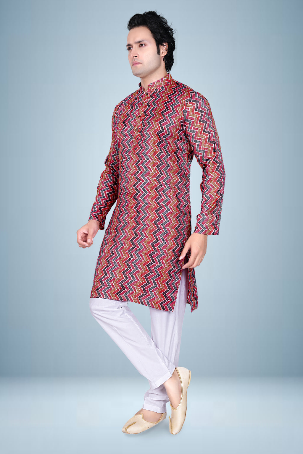 "Men's Interlocking Rectangle Print kurta - Vibrant Basketweave Pattern Top"
