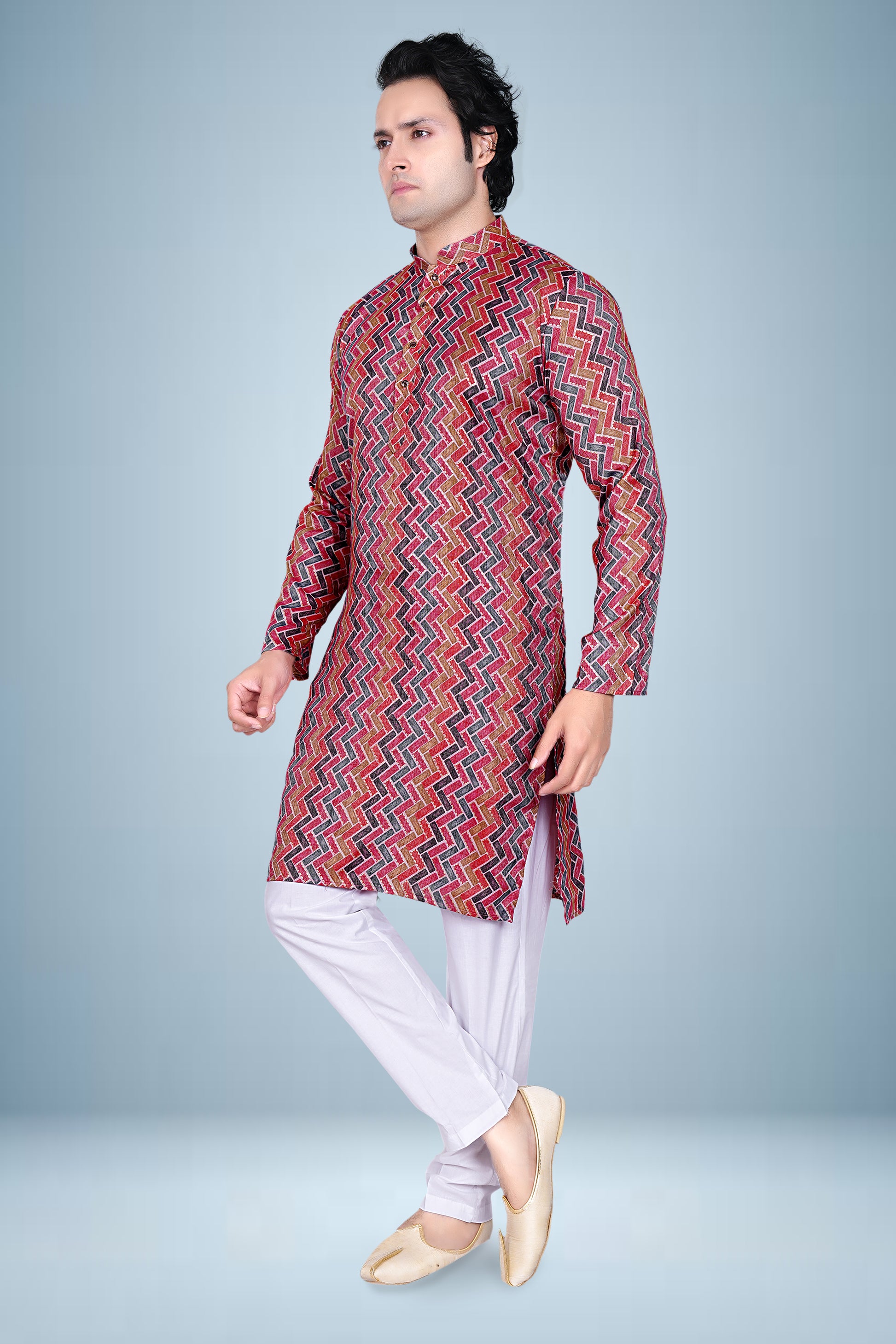 "Men's Interlocking Rectangle Print kurta - Vibrant Basketweave Pattern Top"