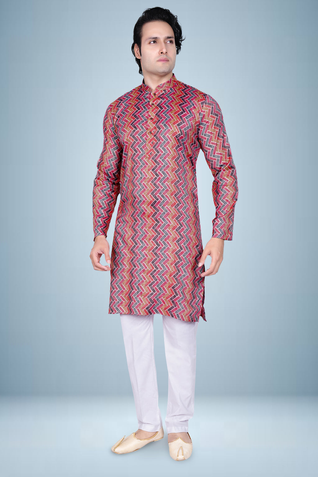 "Men's Interlocking Rectangle Print kurta - Vibrant Basketweave Pattern Top"