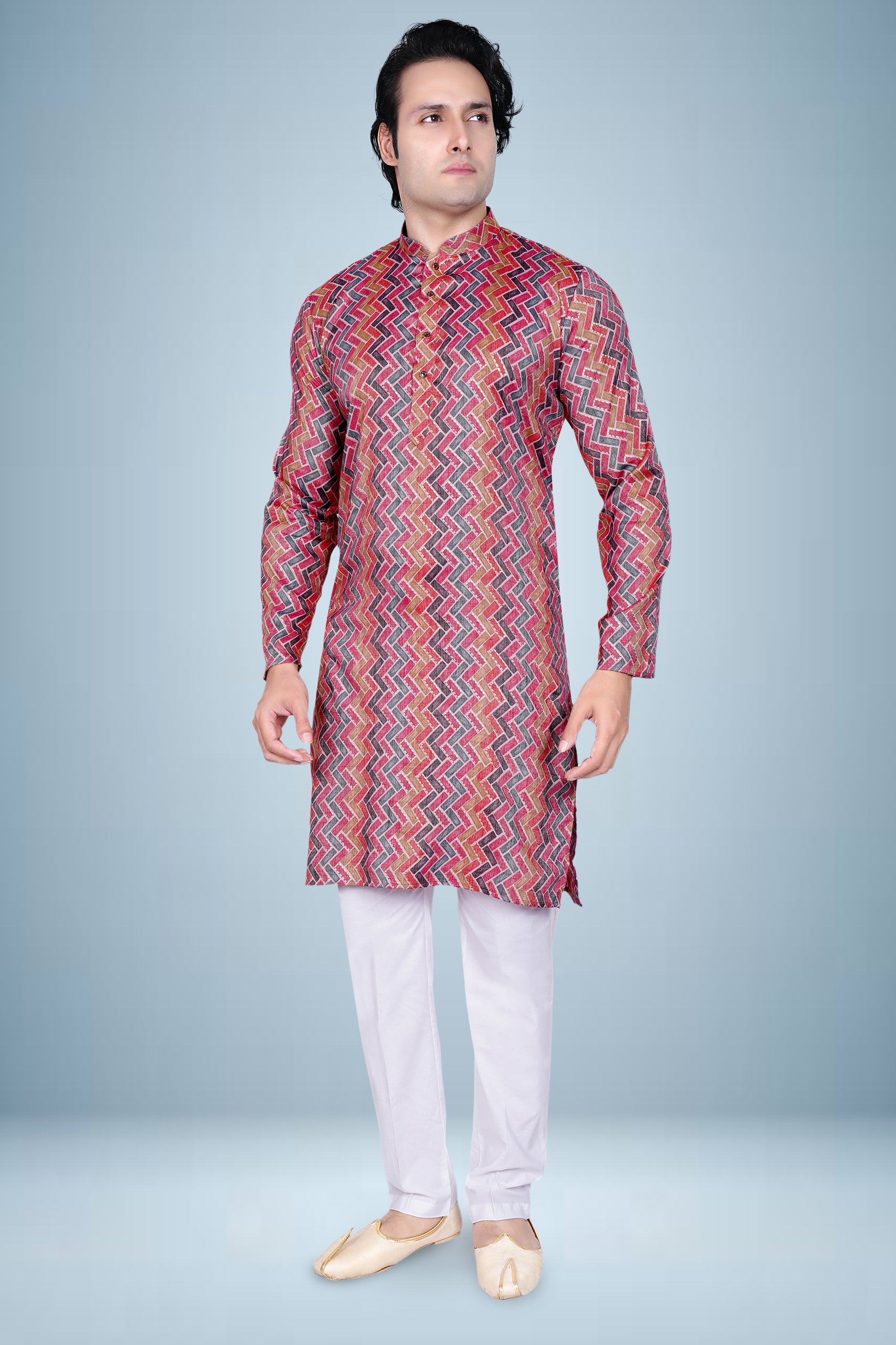 "Men's Interlocking Rectangle Print kurta - Vibrant Basketweave Pattern Top"