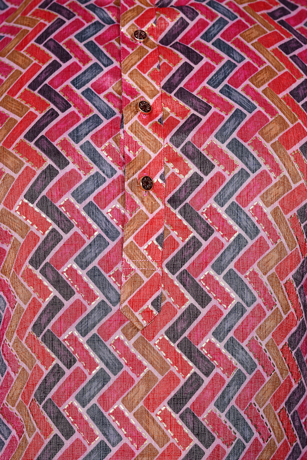 "Men's Interlocking Rectangle Print kurta - Vibrant Basketweave Pattern Top"