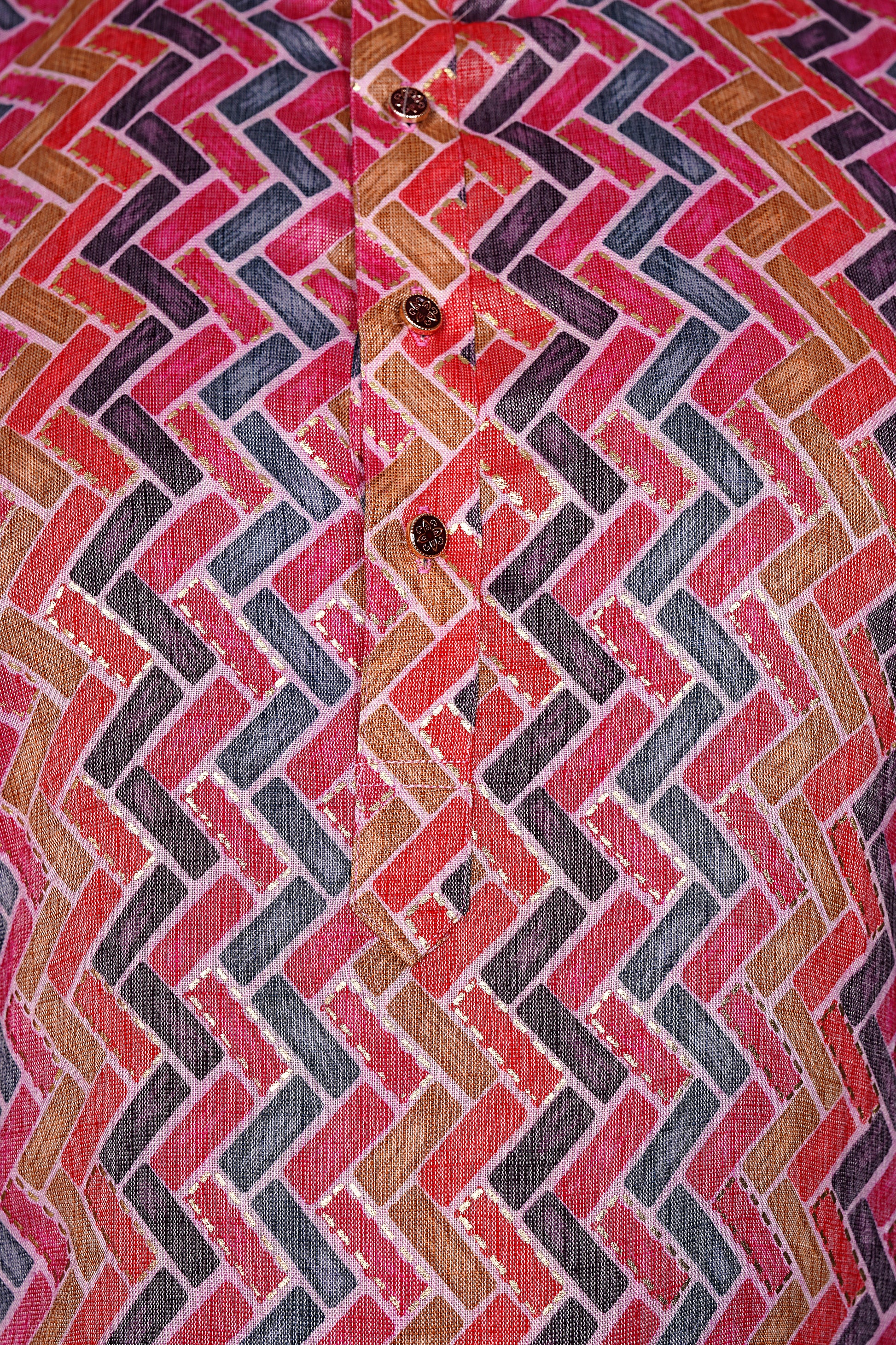 "Men's Interlocking Rectangle Print kurta - Vibrant Basketweave Pattern Top"