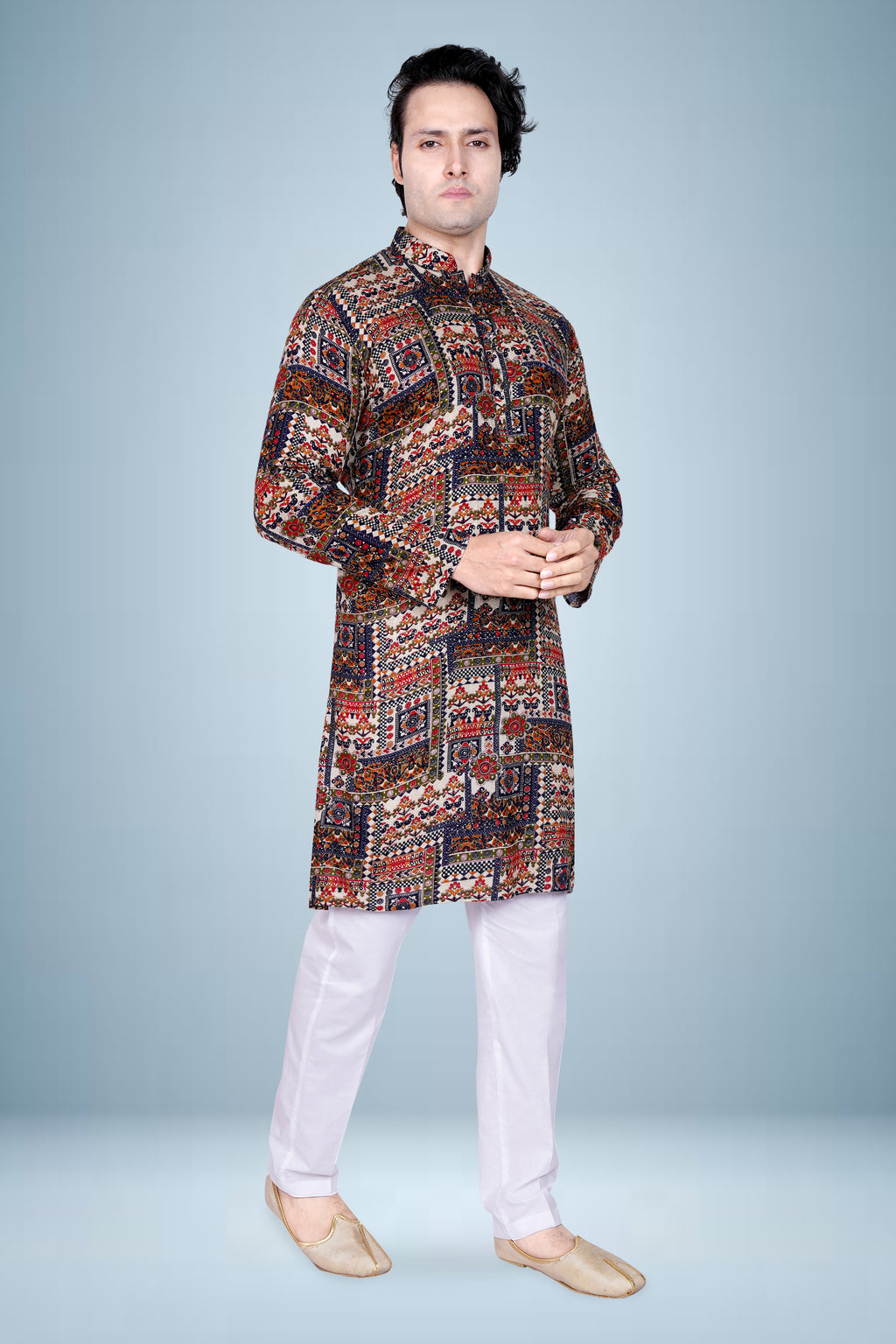 "Men's Multicolor Patchwork Print Kurta - Festive & Traditional Indian Ethnic Wear"