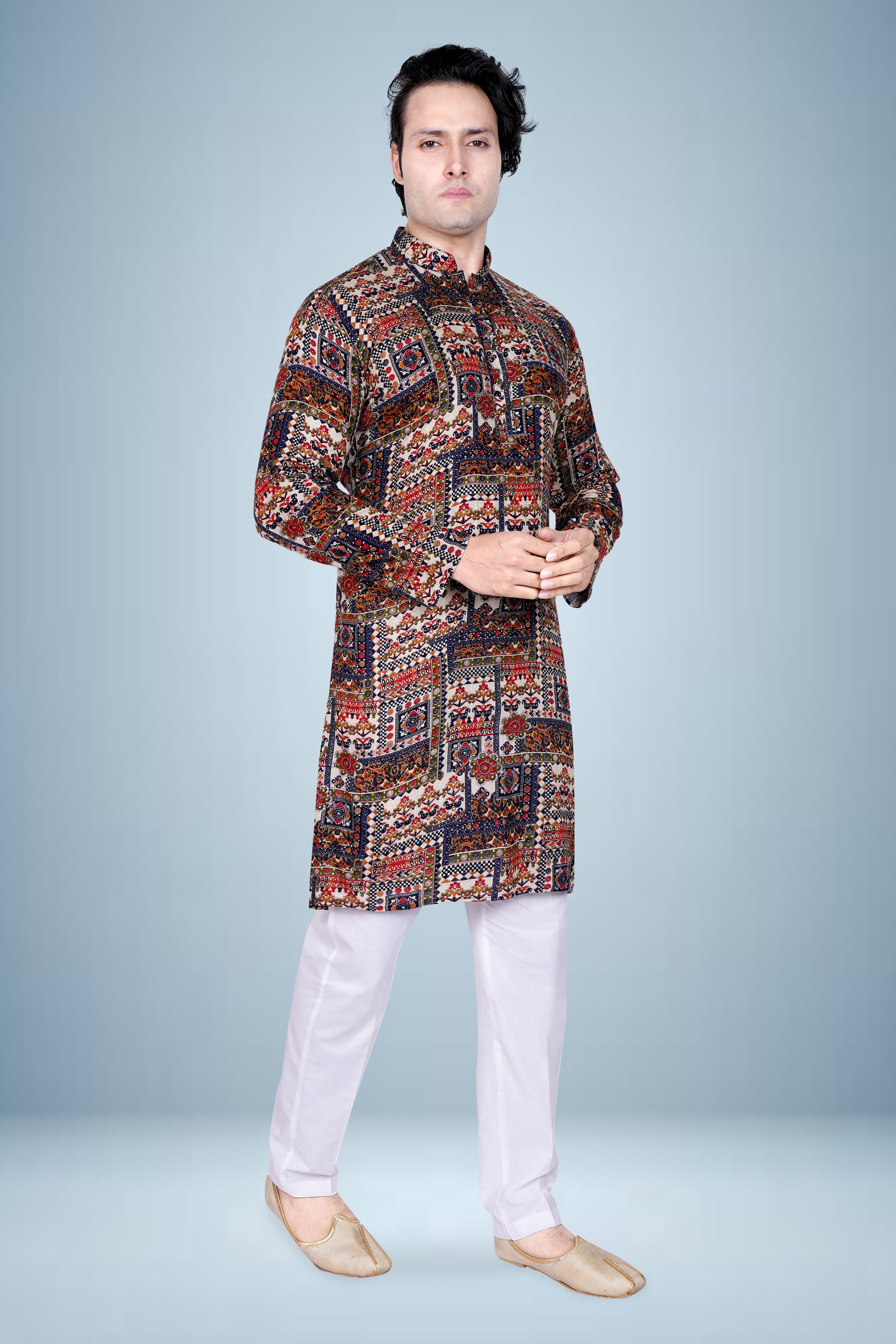 "Men's Multicolor Patchwork Print Kurta - Festive & Traditional Indian Ethnic Wear"