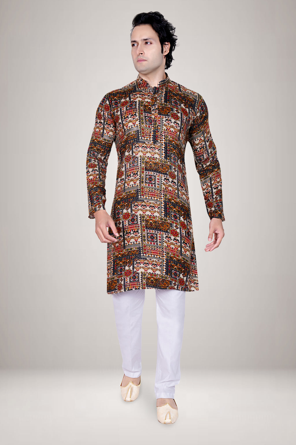 "Designer Ethnic Printed Kurta for Men - Vibrant Patchwork Festival Kurta"