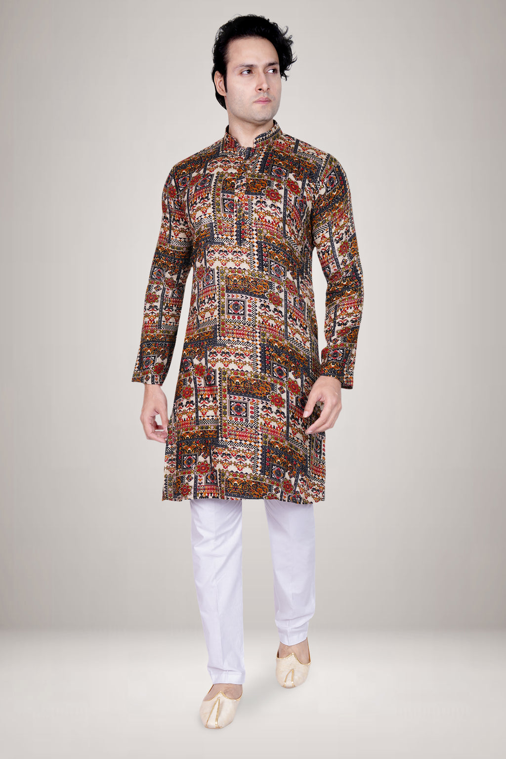 "Designer Ethnic Printed Kurta for Men - Vibrant Patchwork Festival Kurta"